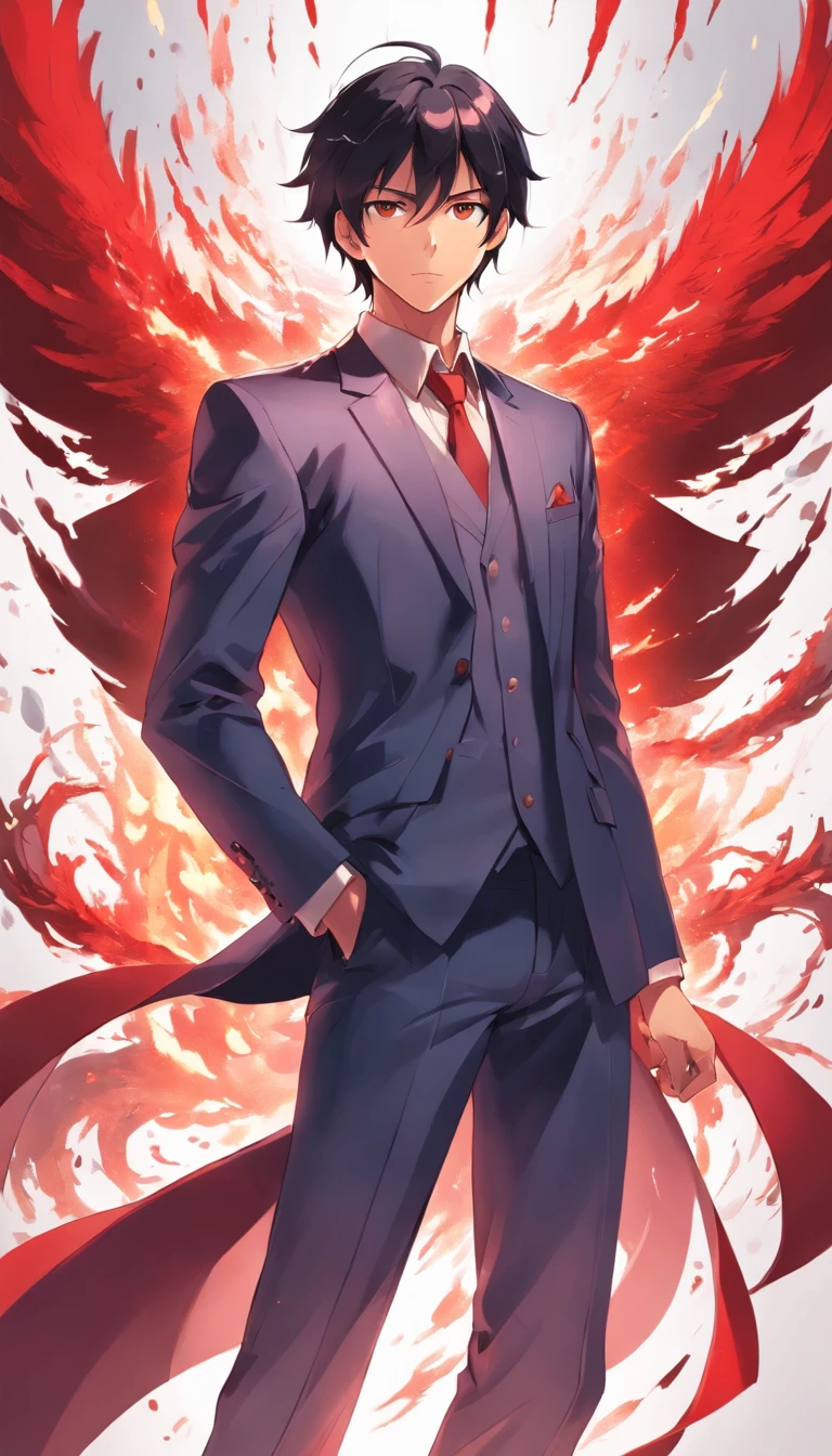 "tall, white male with black hair and intense, enchanting eyes, wearing a formidable suit of blood-red armor and imbued with powerful magic."