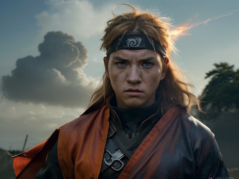 (best quality,realistic,photorealistic:1.37),cinematic portrait,anime,Naruto,action-packed,heroic,shinobi,golden-haired,headband,blue eyes,serious expression,fierce determination,intense focus,fiery red cape,flaring orange jumpsuit,depiction of movement,battle-ready,background of swirling clouds,throwing a powerful punch,capturing the essence of Naruto's character,deep shadows,emphasizing his strength and determination,radiant sunlight,creating dramatic lighting,enhanced colors,adding vibrancy,contrast and depth