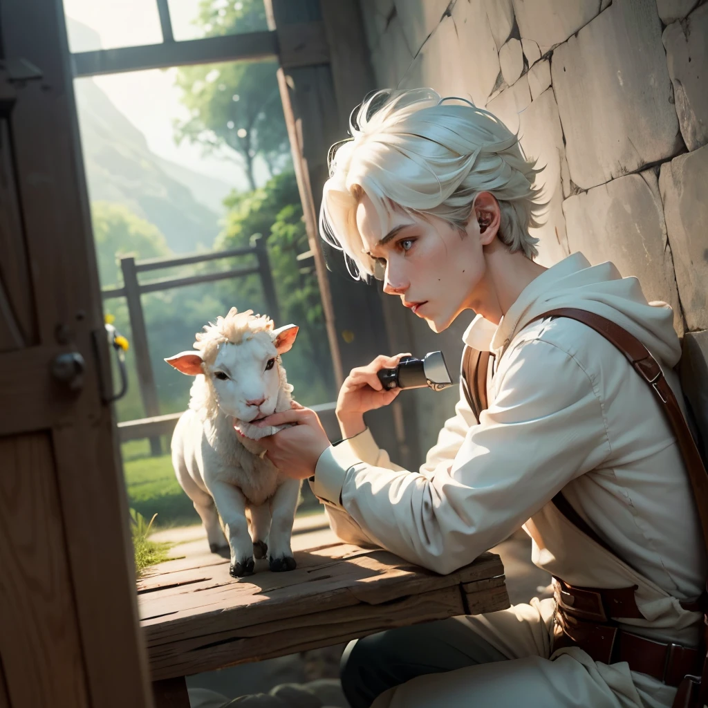 David is a boy who has to take care of sheep, se defiende con una honda, viste ropas hechas de lana muy pobre, es rubio y blanco, in japanese anime style, in the scene he must scare away a lion. --auto --s2