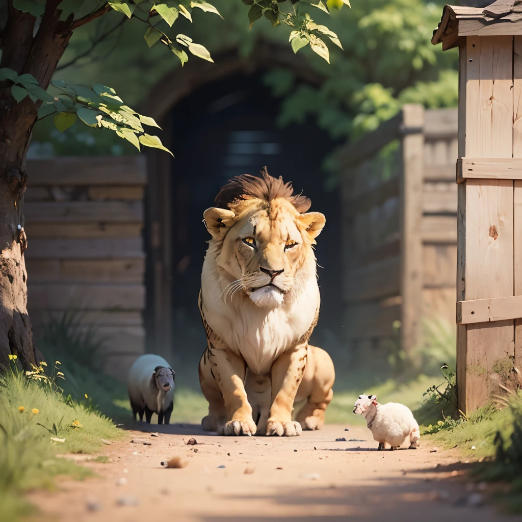 David is a boy who has to take care of sheep, se defiende con una honda, viste ropas hechas de lana muy pobre, es rubio y blanco, in japanese anime style, in the scene he must scare away a lion. --auto --s2