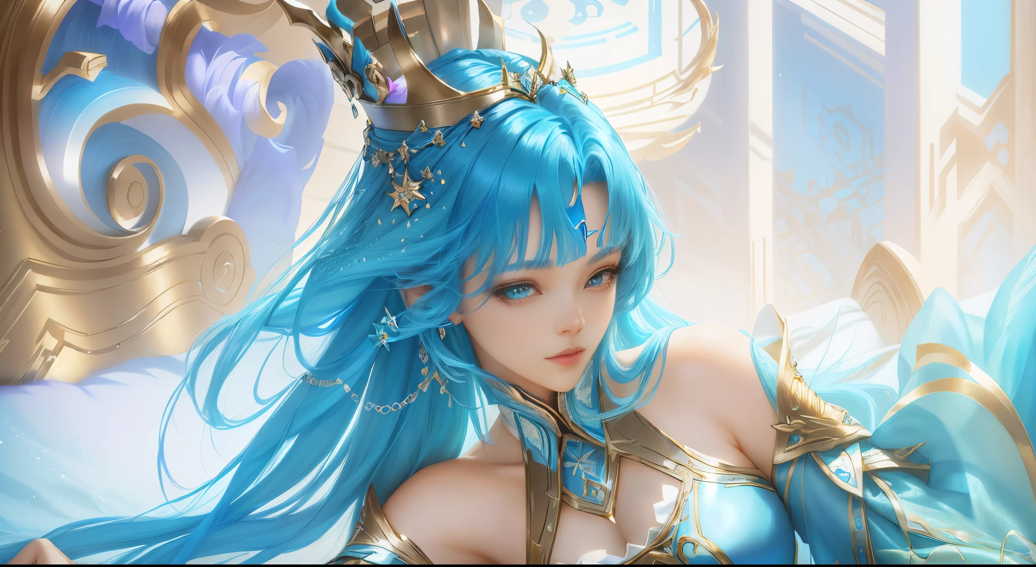 Alafi girl with blue hair and crown lying on bed, 8k high quality detailed art, 8k artgerm bokeh,Full body like, Detailed Digital Anime Art, 4K highly detailed digital art, ArtGerm on ArtStation Pixiv, anime style 4 k, anime styled 3d, anime highly detailed, very detailed Artgerm, artgerm 4 k