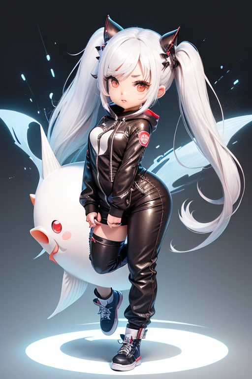 character naughty , ((chibi)) artist , stand front, half twin tail ,white hair, jumpsuit ,cool ,vtuber character , (character design Fish Tuna)