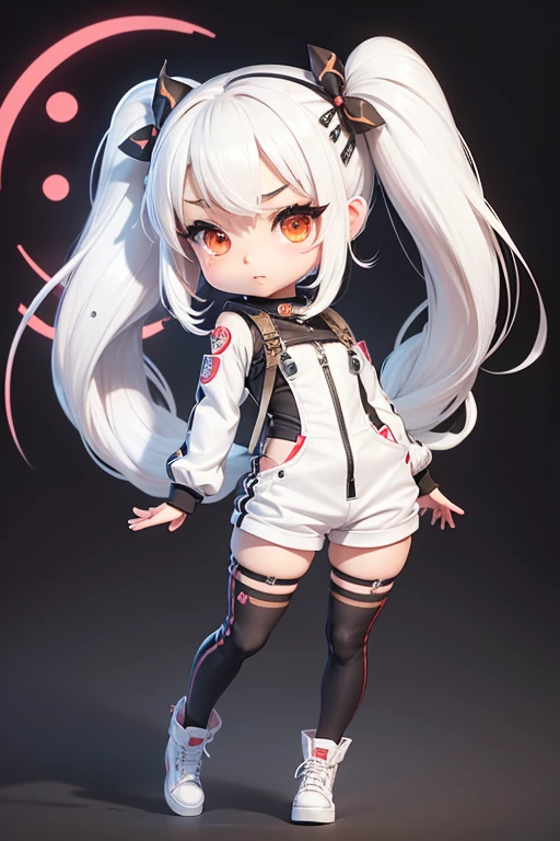 character naughty , ((chibi)) artist , stand front, half twin tail ,white hair, jumpsuit ,cool ,(character design Fish) ,(fish character vtuber)