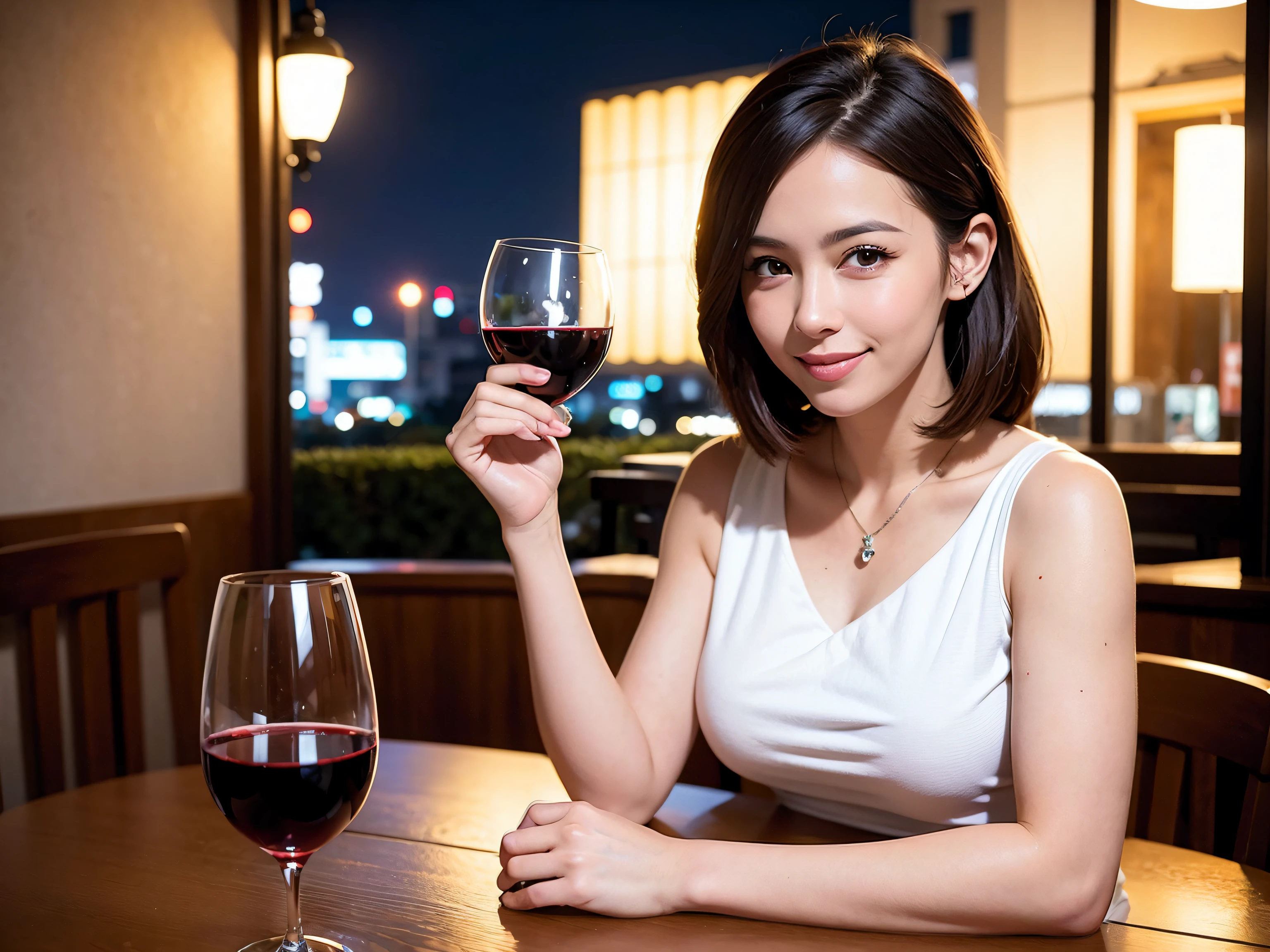 (64K, UHD, top quality, masterpiece: 1.2), (realistic, photorealistic: 1.37), super detailed, pretty woman 1, (slim face), (slim body), (brown hair), (short cut), cheeks slightly blushing, (40 years old), 38 years old, solo, beautiful detailed urban night view outside the window, restaurant, wine glass sitting, at night, in a prominent place (from the waist up) NovaFrogStyle, Actress, Model, Waist Up, White Wine, Slim, Wine Glass, Super Clean Night View, Wine Glass Put in the Middle, Happy Smile, (Smile: 1.15), Beautiful Fine Eyes, Upper Body, Bust Japan Up, Night, Short, Short, Actress, Model, Waist Up, White Wine, Slim, Wine Glass, Super Clean Night View, Wine Glass Put in the Middle, Happy Smile,