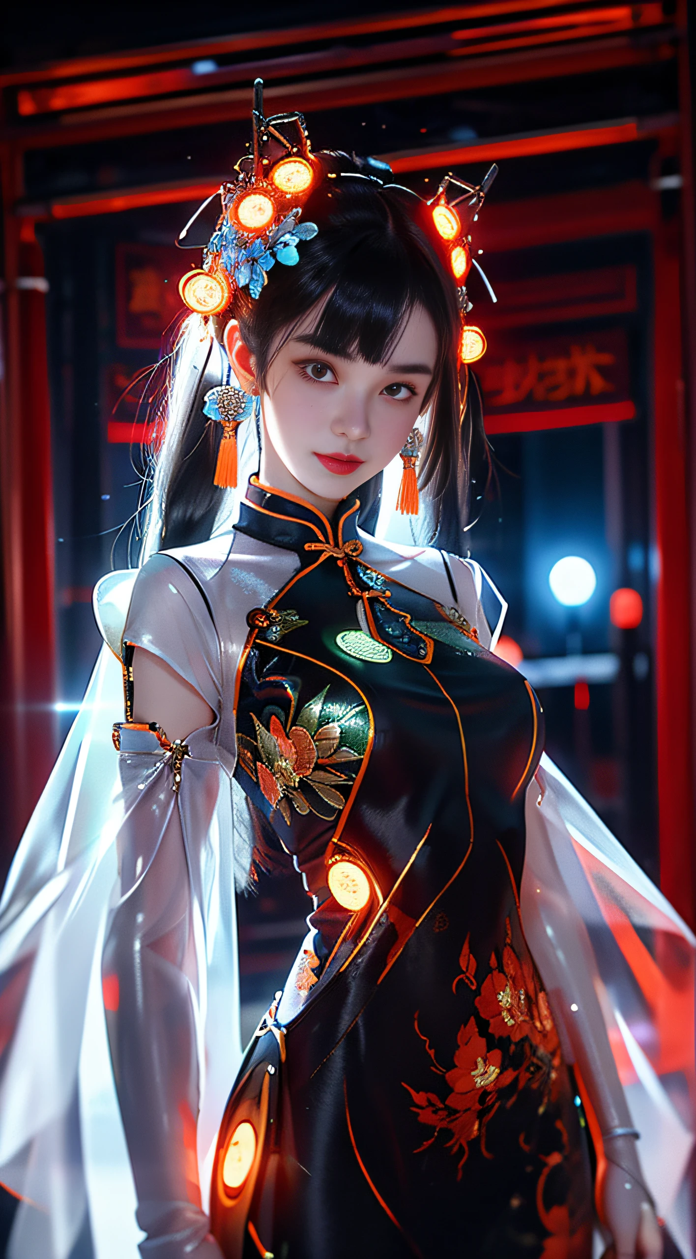 tmasterpiece,best qualtiy,hight resolution, 1 plump girl,from below,(legs are very thin and straight),,(legs are long,Straight legs),,high-heels,long legged,Stand Up, Leg length seen from the front, perfect body type,have perfect legs,Cyberpunk figures,dynamicposes,1 plump girl,Elaborate Eyes,Brown eyes,eyeshadows,putting makeup on,Long gray hair, A detailed face, A detailed eye, looking at viewert, red blush, full pouty lips, red rip,(Long gray hair:1.3), (Stand Up)Mechanically static,Mechanical summoning,(hair adornments:1.1),Hats,((((Red cheongsam)))),(blackstockings,pantyhose garter),城市,Luminous winding,glowing butterflies,cyberpunk lights:1.1),neon light,Fully mechanical and futuristic elements,tech,The background is a traditional Chinese street,China City, the street, Skysky, Cyberpunk figures, paper lanterns, Neon Super Resolution,(真实感:1.3),1(slim:1.2),dramatic lights,vibrant detail,luxuriouscyberpunk,the complex background,rendered by octane,