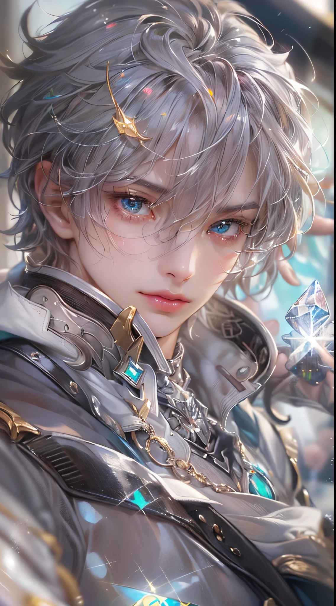 ( A high resolution, ultra - detailed, HighDynamicRange), tmasterpiece, Best quality at best, gaming character , Short hair details, （Handsome men），Anime eyes, Mobile legendary heroes, detailed scene, Detailed characters，(Pointed Opal&#39;of clothes)，magia，((cleanness，hair sparkling like diamonds))