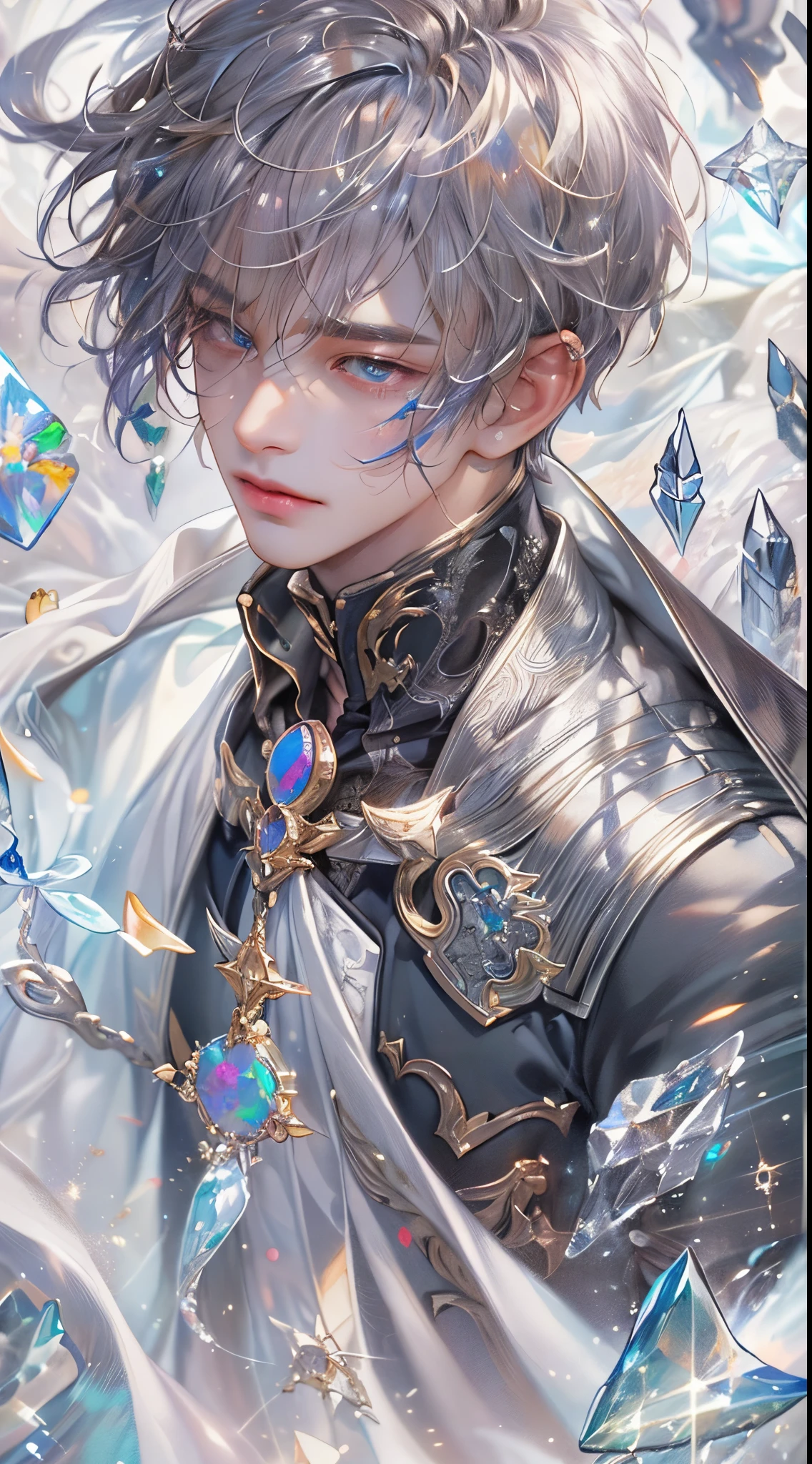 ( A high resolution, ultra - detailed, HighDynamicRange), tmasterpiece, Best quality at best, gaming character , Short hair details, （Handsome men），Anime eyes, Mobile legendary heroes, detailed scene, Detailed characters，(Pointed Opal&#39;of clothes)，magia，((cleanness，hair sparkling like diamonds))