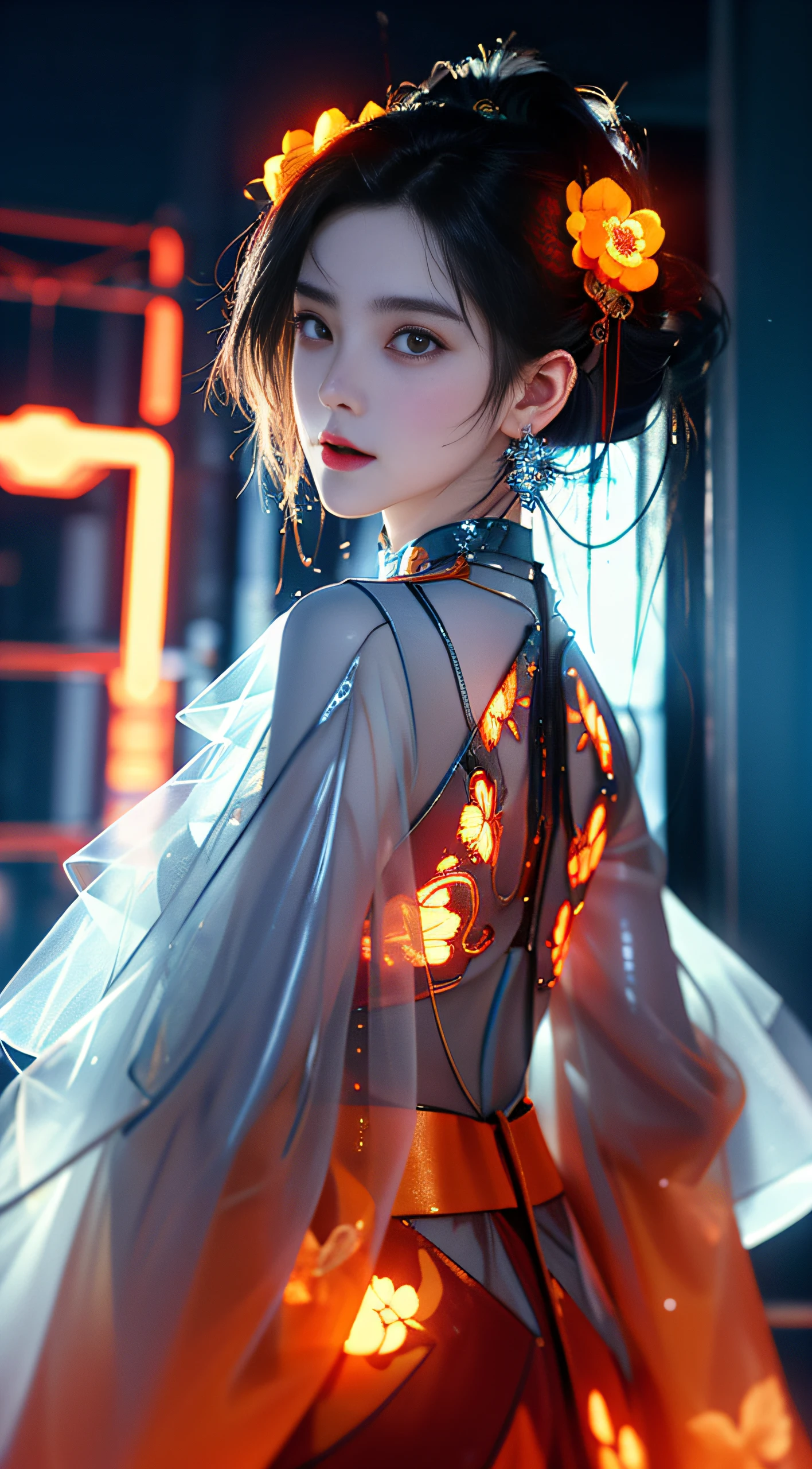 ((Ultra-clear 4K quality))，1 girl， china idol_Clothes are， liquid silver and orange， Online Hanfu， On the cheongsam， The city of cyberpunk， dynamicposes， Details Luminous Headphones， luminous hair ornaments， Long gray hair， luminous earrings，Glowing necklace，cyber punk personage， a high-tech city， Full of mechanical and futuristic elements， Afu Futurism， technologies，luminous neon lights，orange colors，Orange light，Transparent tulle，clear streamers，laser，Digital background city sky，large moon，There are vehicles，Best quality，tmasterpiece，8K,Character edge light，hyper-high detail，high high quality，The most beautiful woman among men，light  smile，The face is symmetrical from side to side，facing the front there，ear jewelry，Beautiful students，Light effect，Visual data，silvery white hair，ultra detailed facial texture