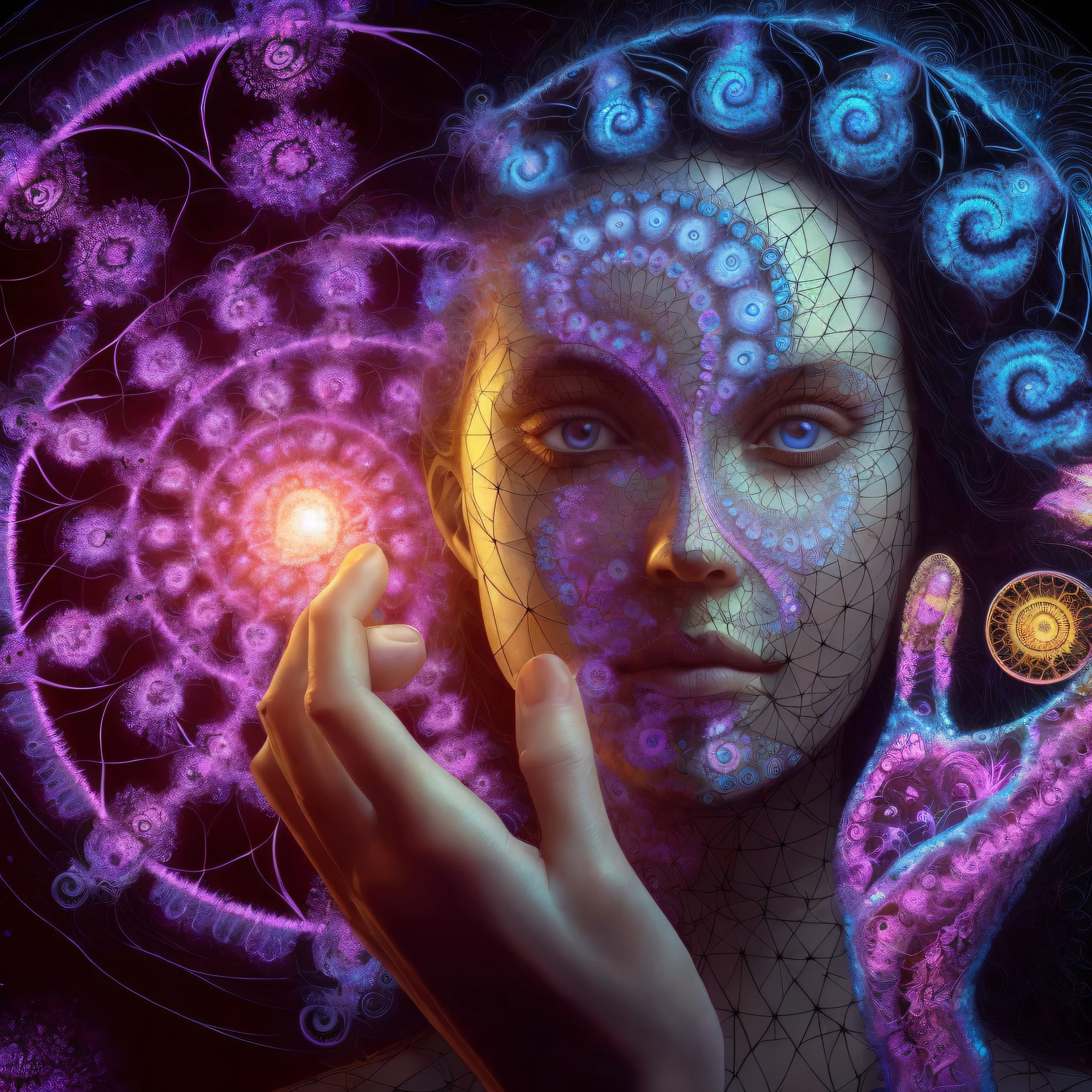 Close-up of a person holding a flower with a face, psytrance artwork, Digital Visionary Art, Cytolance, elaborate digital art, inspired by tomasz alen kopera, Visionary Art, Visionary art style, Psychedelic surrealist art, psychedelic goddess, Psychedelic organic cyborg, intricate digital painting, 4K highly detailed digital art, Psychedelic DMT, Beings of another dimension