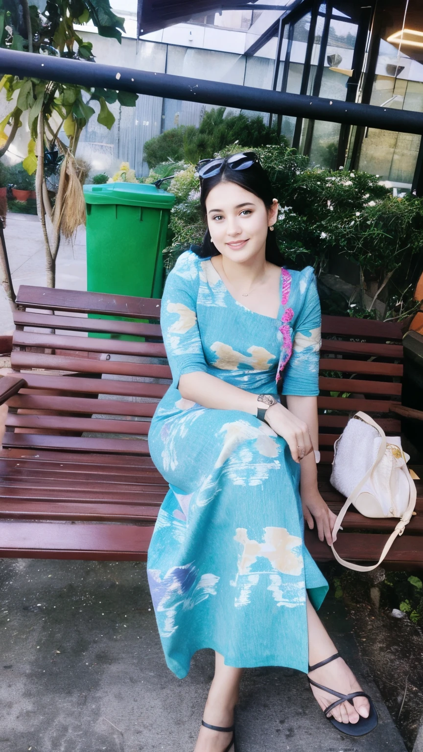 Araffe sitting on a bench in a blue dress and sunglasses - SeaArt AI