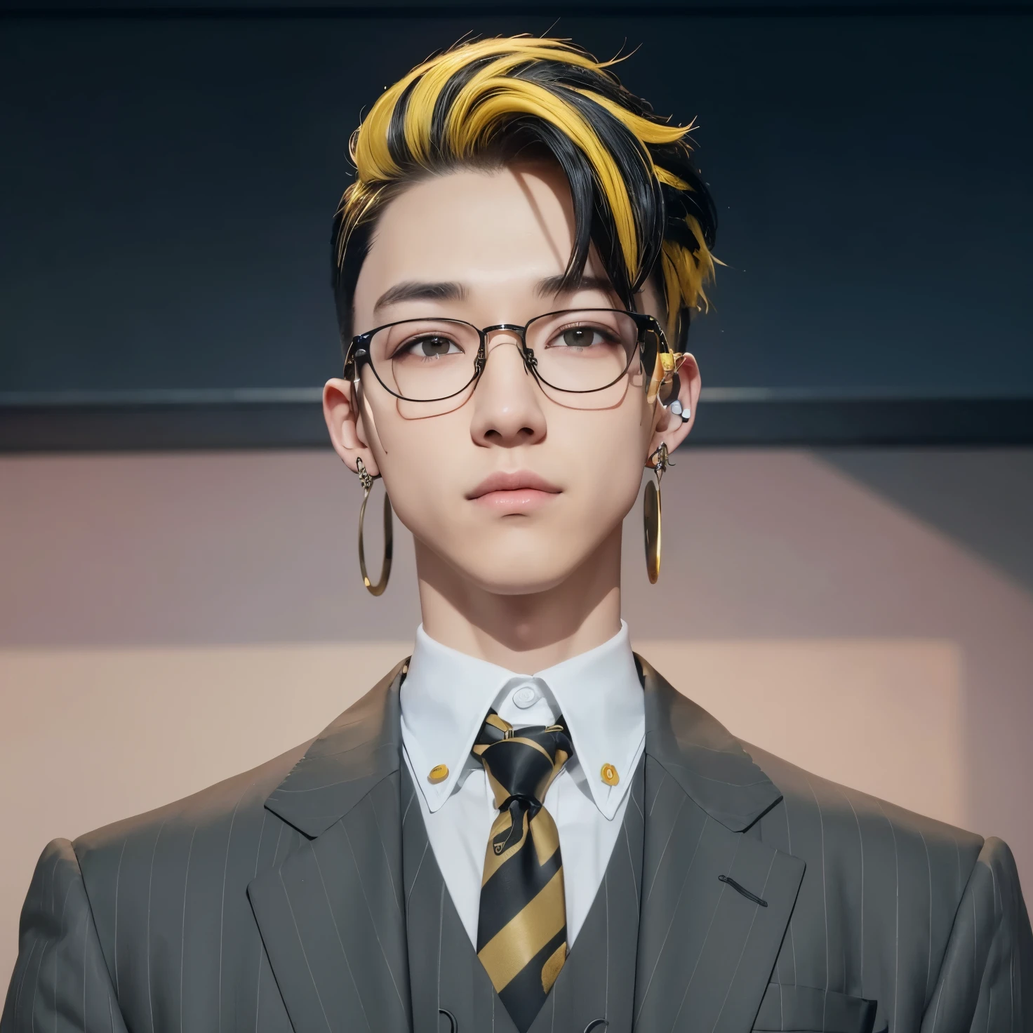 A age boy with realistic black and yellow hair, (same realistic hairstyle), realistic handsome face, realistic cool expression, adapt the same realistic clothes, realistic glasses, (realistic earrings), realistic light, realistic shadows, realistic background, good image quality, very good image results, 4k, ultra detailed, realistic