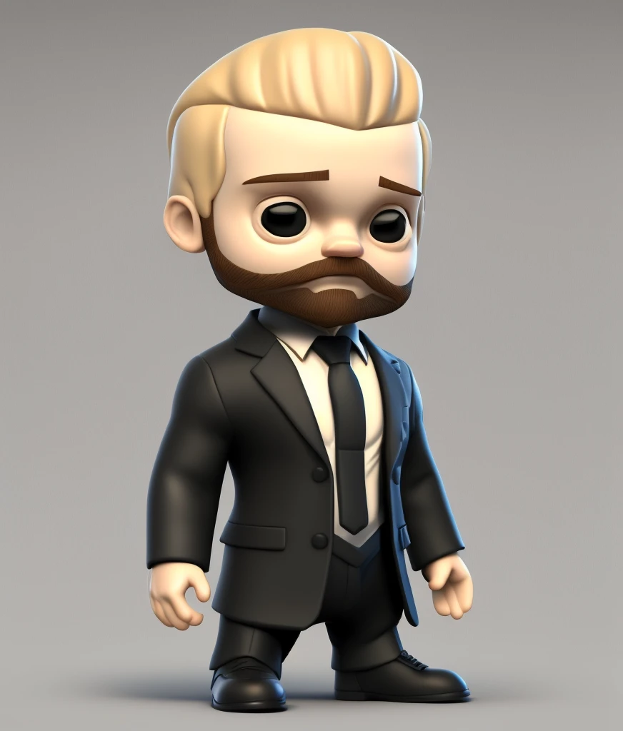 3dcharacter Funko style, 24 year old white man with a defined jaw and stubbled beard with a medium  haircut, black business suit, , (full body:1.2),simple background, masterpiece,best quality,(white background:1.1)(brown blonde hair)(  stubble beard:0.8)