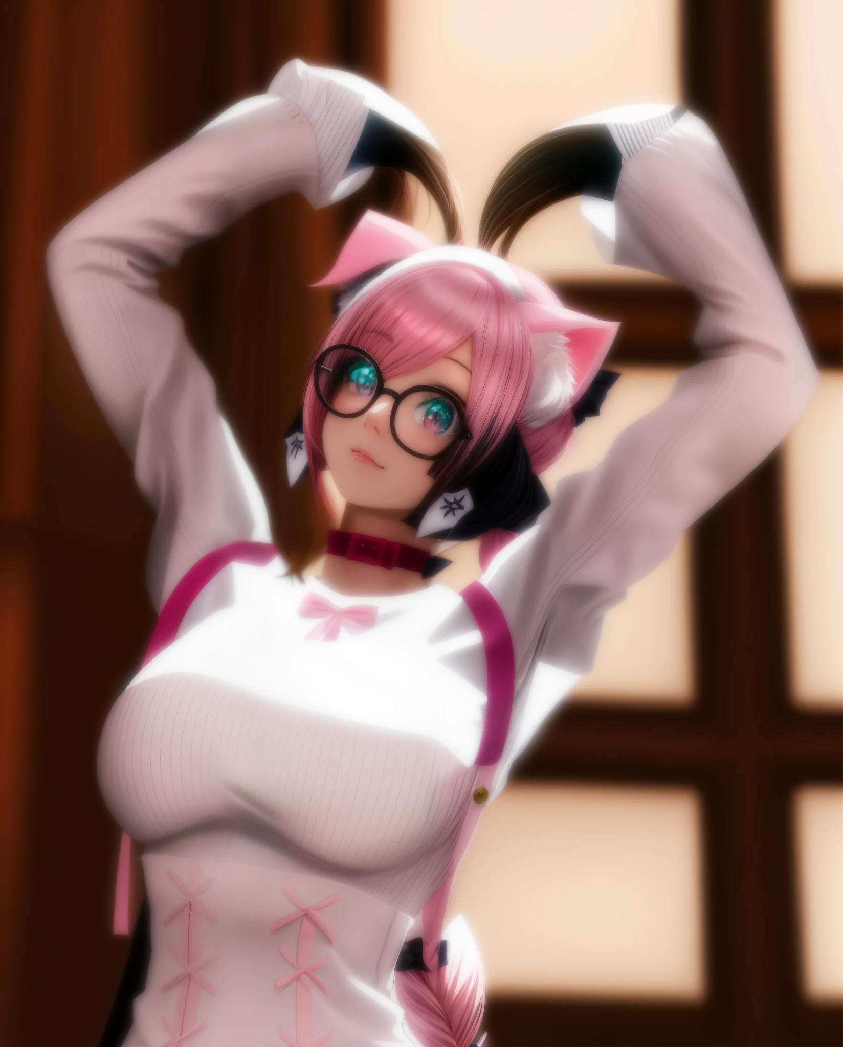 there is a woman with pink hair and a cat ears, pink twintail hair and cyan eyes, holding a pudica pose, twintails white_gloves, pudica pose, 2 b, spellcasting pose, 2b, girl with cat ears, attractive cat girl, playful pose, neferpitou, doing a sassy pose, white cat girl, good eyes . great eyes, dog girl, hands above head