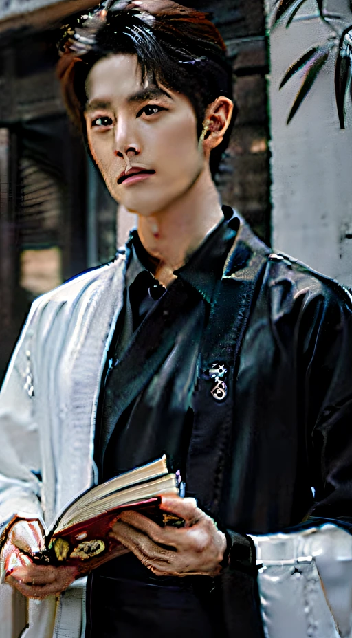 Realistic photography style,The characters are real,A middle-aged man in black tunic suit,Short hair,The eyes have God,Holding a book in both hands and placing it on the abdomen,Close-up characters,The human figure takes center stage,Heads-up lens,Clean background with some bamboo,ultra fine detailed,high qulity