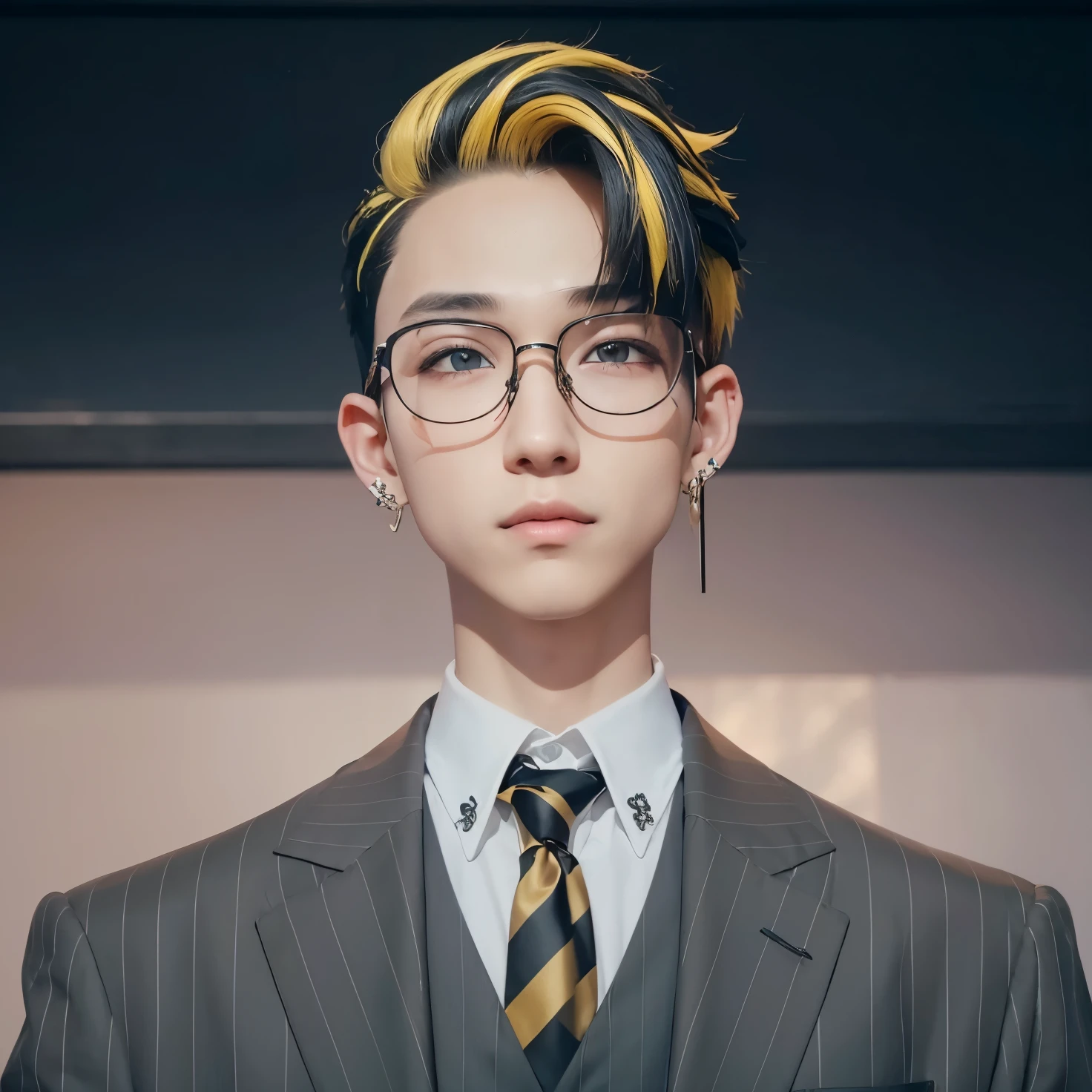 A teenage boy with realistic black and yellow hair, (same realistic hairstyle), realistic handsome face, realistic cool expression, adapt the same realistic clothes, realistic glasses, (realistic earrings), realistic light, realistic shadows, realistic background, good image quality, very good image results, 4k, ultra detailed, realistic