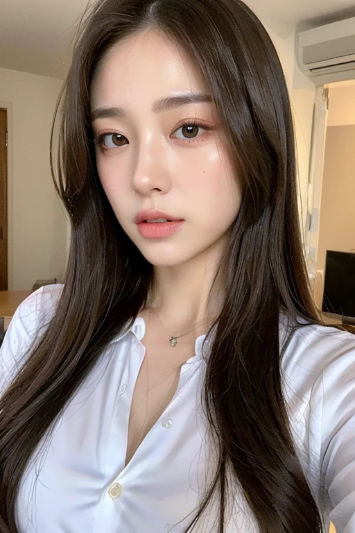 (top quality, high resolution, masterpiece: 1.3), tall and pretty woman, slender abs, dark brown hair styled with loose waves, chest, wearing pendant, white button-up shirt, belt, black skirt, (modern architecture in background), exquisitely rendered details on face and skin texture, detailed eyes, double eyelids, no bra, shirt fitted to bare skin, from above