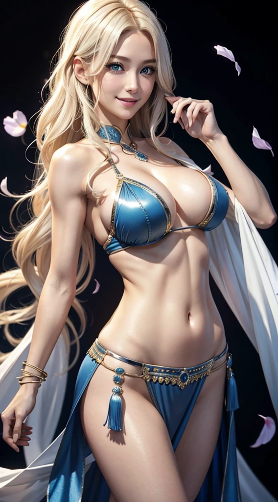 Photorealistic images、8K picture quality、A white woman in her 20s with unparalleled beauty.、blue eyess、platinum-blonde、Longhaire、Hair is wavy、Slender but well-proportioned body、Split abdominal muscles、huge tit、Wearing belly dancing costumes、dancing lively、There are so many petals dancing that they fill the screen.、Pitch black background、a smile
