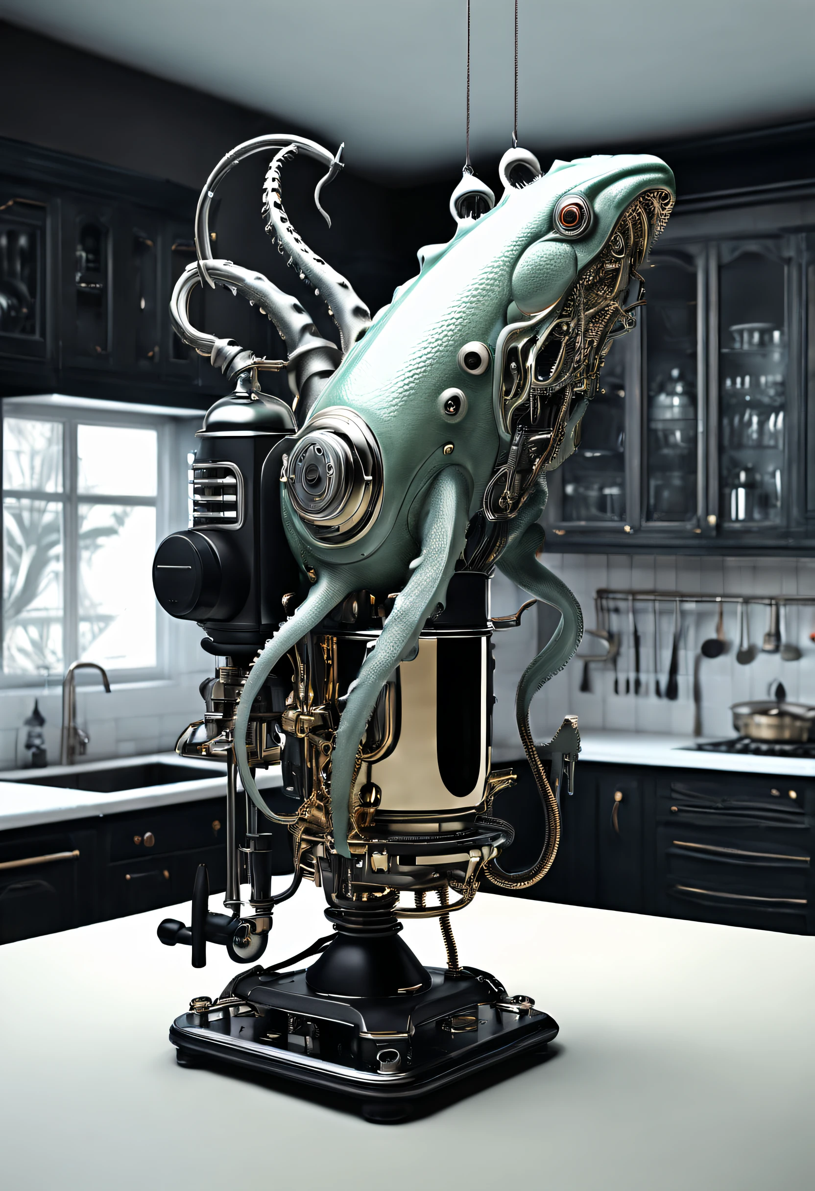 （Squid-shaped blender），（electric juicer）（crocodile monster），goth style，punk，Creative product design，Very unified CG，Complicated details， 
Background with：kitchen wasteland, sci fi art, Space style，Excellent，hyper realisitc，Thriller，dennis ruston style，