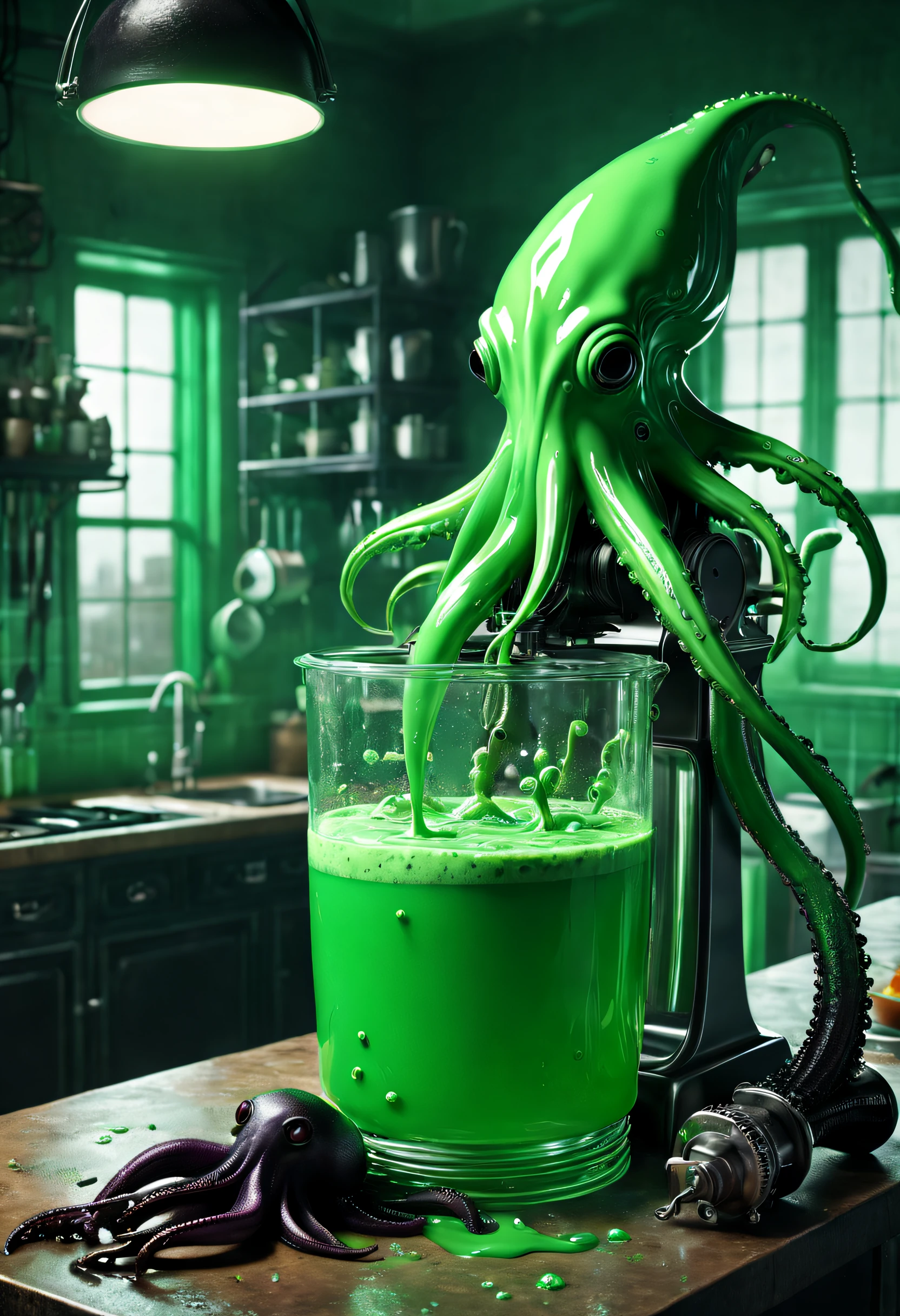 (Squid-shaped blender:1.3),Green liquid leaks from paws,goth style,punk,Creative product design,Very unified CG,Complicated details, Background with:kitchen wasteland, sci fi art, Excellent,hyper realisitc,Thriller,Kaia Koopman (Caia Koopman) styled, beautifuldetails