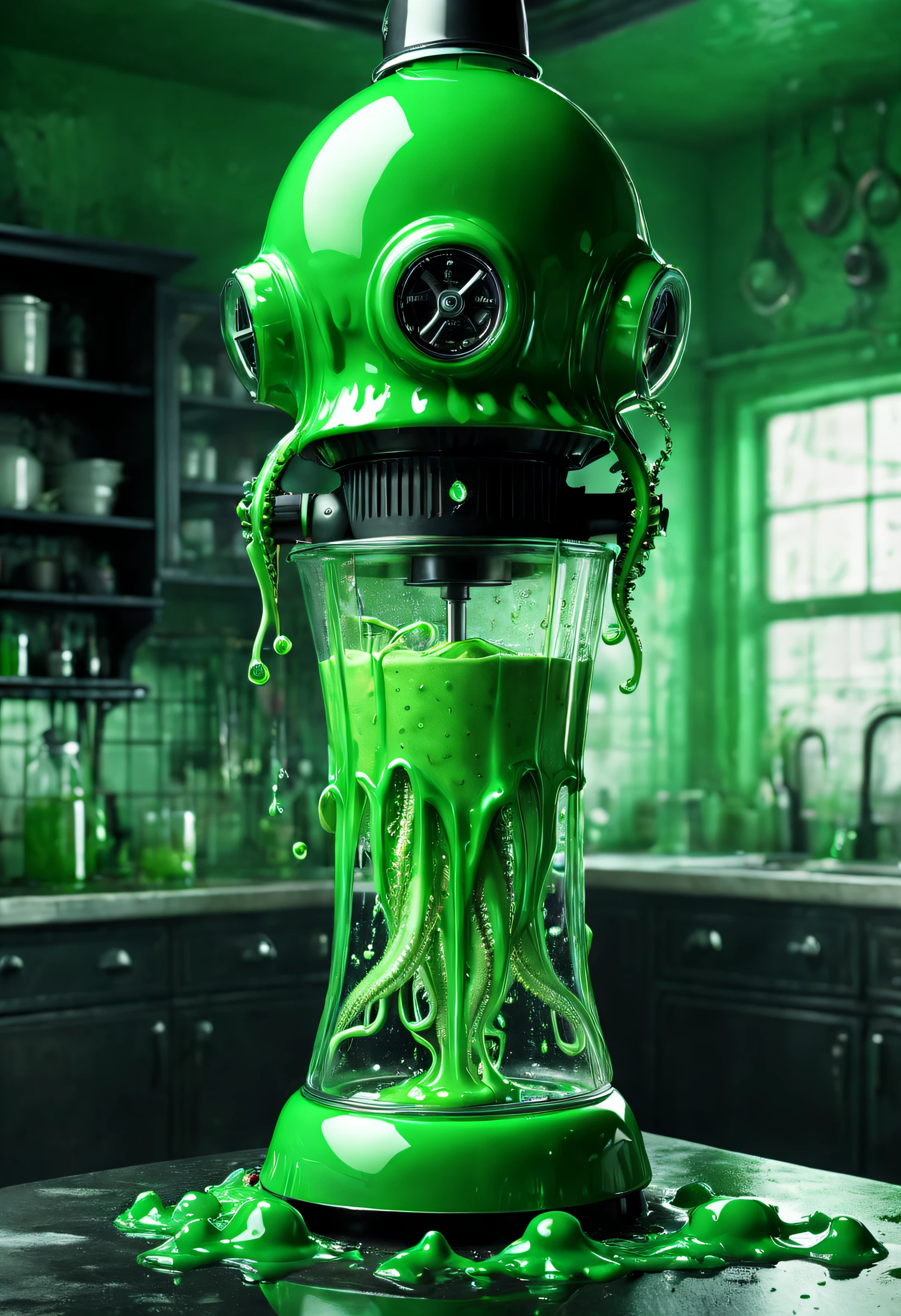 （Squid-shaped blender：1.3），Green liquid oozes from paws，goth style，punk，Creative product design，Very unified CG，Complicated details， Background with：kitchen wasteland, sci fi art, Excellent，hyper realisitc，Thriller，in style of Caia Koopman, beautiful details