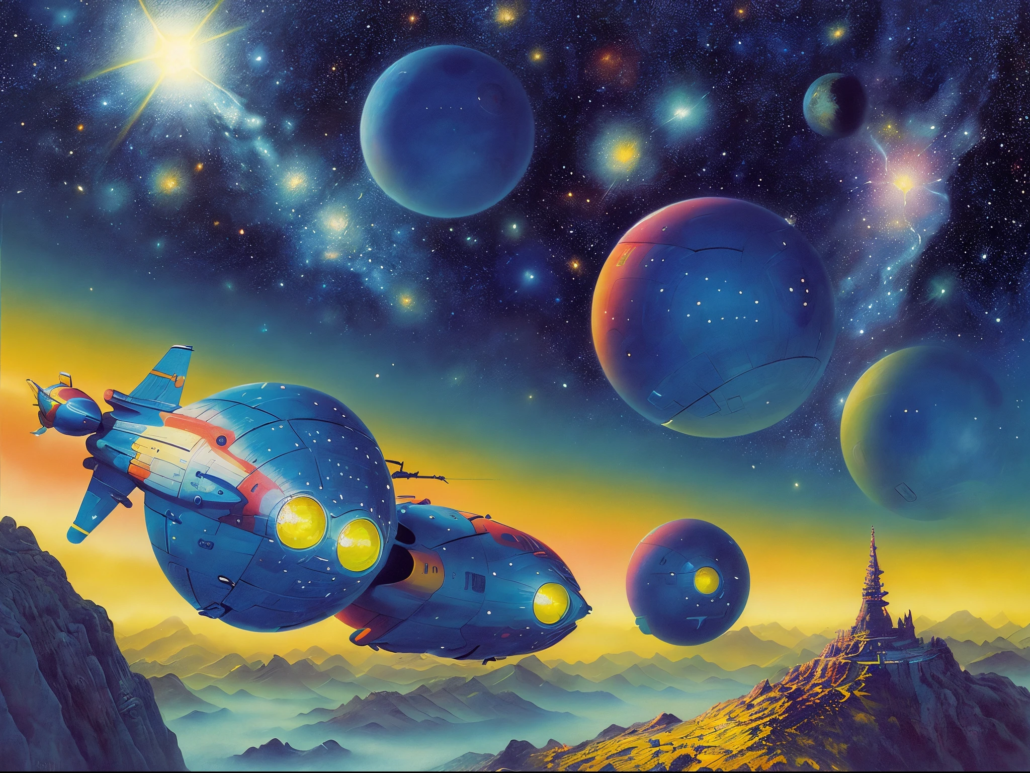 The vastness of the universe, (Best quality,tmasterpiece,The content is very detailed,ultra - detailed,, 8K, intricately details, Volumetriclighting, Depth shadows, realistically, without humans, Limited palette of flat colors, digitial painting, art stations, concept-art,smooth private parts,lock focus,, (oil painted:1.16),(Acrylic paints:1.16),(It's like a dream:1.0),(__ultra-realistic realism:1.3),(__photo-realism:1.3),(Colorful:1.3),((retro-futurism)), (scientific fiction),Clarence Holbrooke Carter,Ed Emshwiller,CG Society,