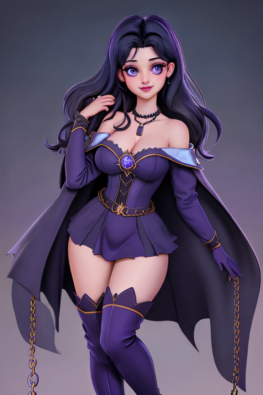 close up 1girl in, 20years, Solo, Aesthetic artwork, long dark blue hair, thick dark blue hair, Violet eyes, clear skin, pale skin, massive breasts, DD-Cup, cleavage, fit body, (round hips, thin waist: 1.25), (Sirius face, dark lipstick, mischievous smile:1.1), key necklace, (wearing full length wizard robes purple, corset, bare shoulders, thigh high boots, chains:1.1), (T-pose:1.21), (detailed Castle roof background:1.1), rooftop, overlooking medieval city, 4k textures, soft cinematic light, RAW intricate, elegant, highly detailed, sharp focus, soothing tones, insane details, intricate details, hyperdetailed, low contrast, soft light, exposure blend, hdr, faded