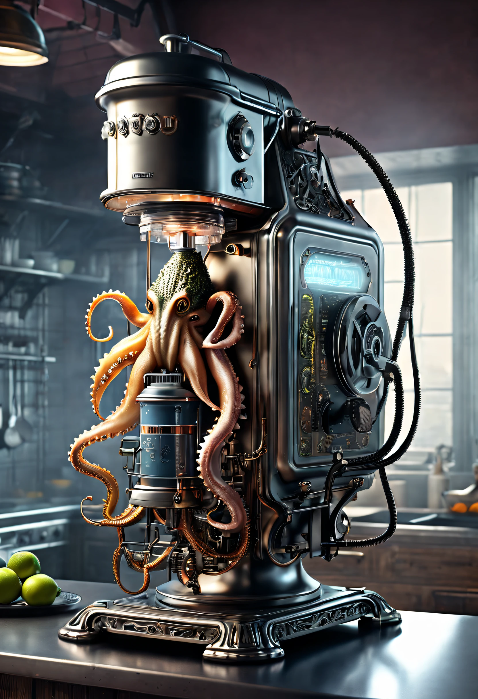 (Squid-shaped blender),(electric juicer)(crocodile monster),goth style,punk,Creative product design,Very unified CG,Complicated details,
Background with:kitchen wasteland, sci fi art, Space style,Excellent,hyper realisitc,Thriller,dennis ruston style,