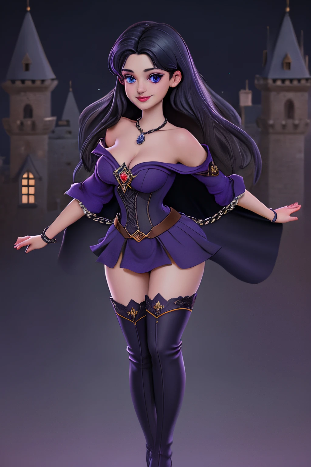 close up 1girl in, 20years, Solo, Aesthetic artwork, long dark blue hair, thick dark blue hair, Violet eyes, clear skin, pale skin, massive breasts, DD-Cup, cleavage, fit body, (round hips, thin waist: 1.25), (Sirius face, dark lipstick, mischievous smile:1.1), key necklace, (wearing full length wizard robes purple, corset, bare shoulders, thigh high boots, chains:1.1), (T-pose:1.21), (detailed Castle roof background:1.1), rooftop, overlooking medieval city, 4k textures, soft cinematic light, RAW intricate, elegant, highly detailed, sharp focus, soothing tones, insane details, intricate details, hyperdetailed, low contrast, soft light, exposure blend, hdr, faded