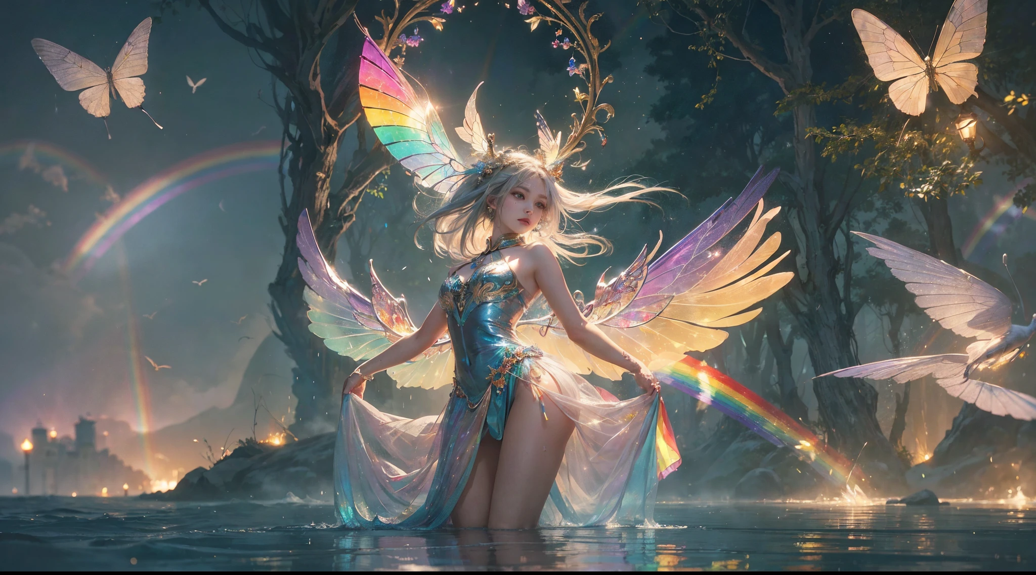 (((tmasterpiece))), (((Best quality))), ((ultra - detailed)),(Highly detailed CG illustration), ((Extremely Delicately Beautiful)),电影lamplight, Imitate the styles of current popular genre masters,Create stunning works of fantasy art. Works should contain myth and fantasy、Fairy tale fantasy elements,And comes in dreamy rainbow colors. ((Use rainbow as primary color scheme.)) The character in the work is a delicate and strong petite figure,Full of mystery and magic, (Beautiful translucent rainbow wings). Pay close attention to intricate facial features, Such as bright colors and eye-catching shadows. 人物'Clothing designs should use tulle feathers, silk dress, Amazing embroidery, and subtle iridescent details. contains an icon (((Translucent rainbow))), dream color, 动态照明, Detailed background elements create a sense of awe and immersion. Includes a colorful flying magical bird and a jewel-toned rainbow butterfly with a magical halo. Consider the latest trends in fantasy art, por exemplo, Incorporate unique lighting effects, Discover dynamic and eye-catching composition techniques, And try a unique color palette. Get inspired by top artists on ArtStation and Midjourney. cameras: Choose an angle that highlights the beauty of the figure and enhances the magical majesty of the artwork. lamplight: Create depth and mood with mood lighting technology. settle down: Pursue high-resolution artwork,Demonstrate intricate detail and clarity. Artistic inspiration: Find inspiration from popular artists on ArtStation, Explore different styles, type, and the theme.