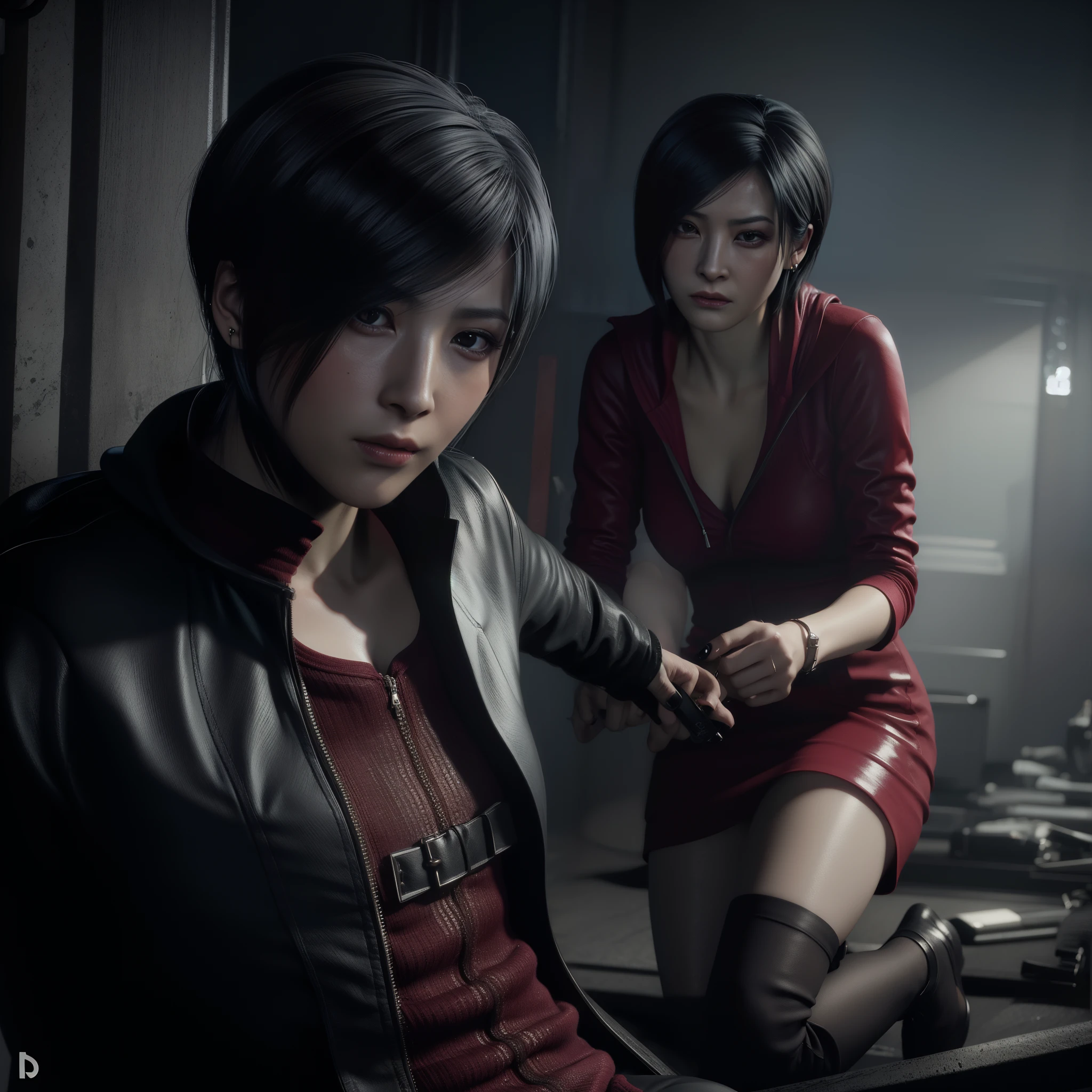 Ada wong ,Woman, wearing mini red dress with hoody, bob hair, Wearing Earrings, black nail polish, g, sad expression, glaze eyes
