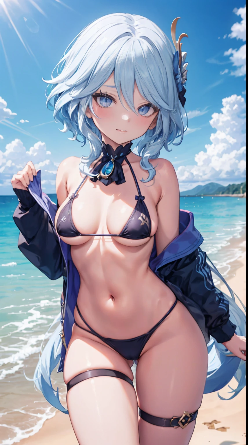 Furina Focalers | genshin impact, master-piece, bestquality, 1girls,25 years old , proportional body, proportional, Show your , Water set, This micro bikini,Micro Mini Bikini, Lying on the beach with a seductive challenge, flattering. ,bara, Beautiful sea, The sky is beautiful, View viewers from the front, Thigh strap, Head tilt, bored, 10, 10, HD, slight smile,