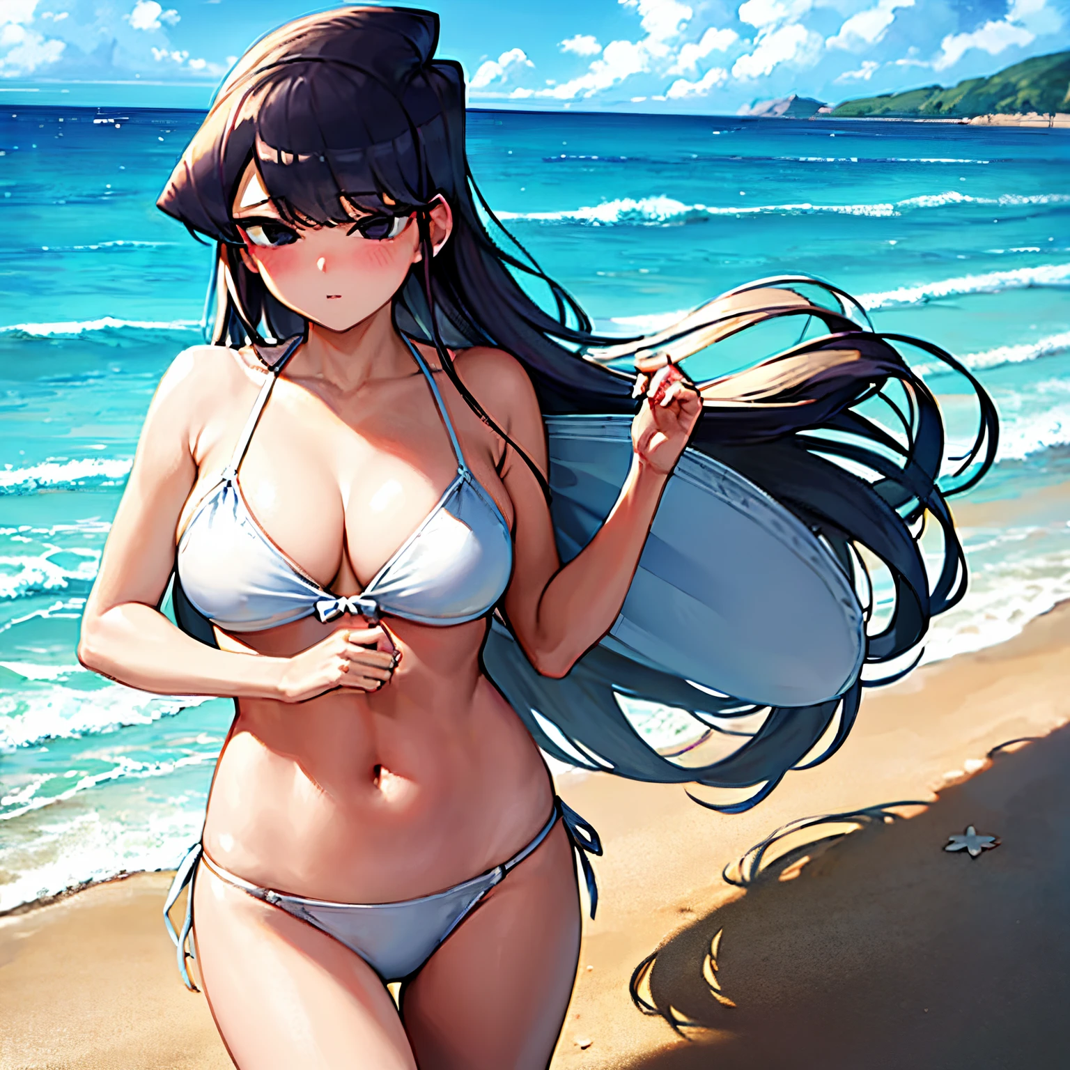 masterpiece, best quality, 1girl, solo, komi-san wa komyushou desu, komi shouko, large breasts, (white bikini:1.2), cowboy shot, beach, sand, ocean, blue sky