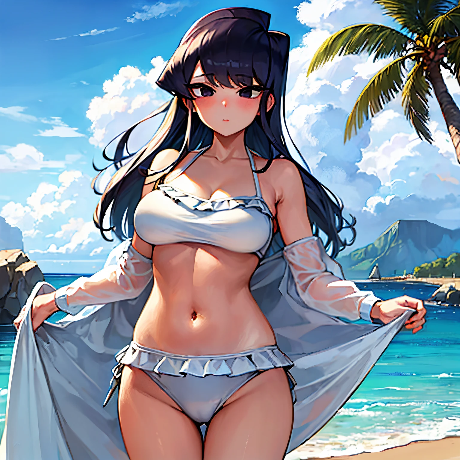 masterpiece, best quality, 1girl, solo, komi-san wa komyushou desu, komi shouko, large breasts, (white bikini:1.2), cowboy shot, beach, sand, ocean, blue sky