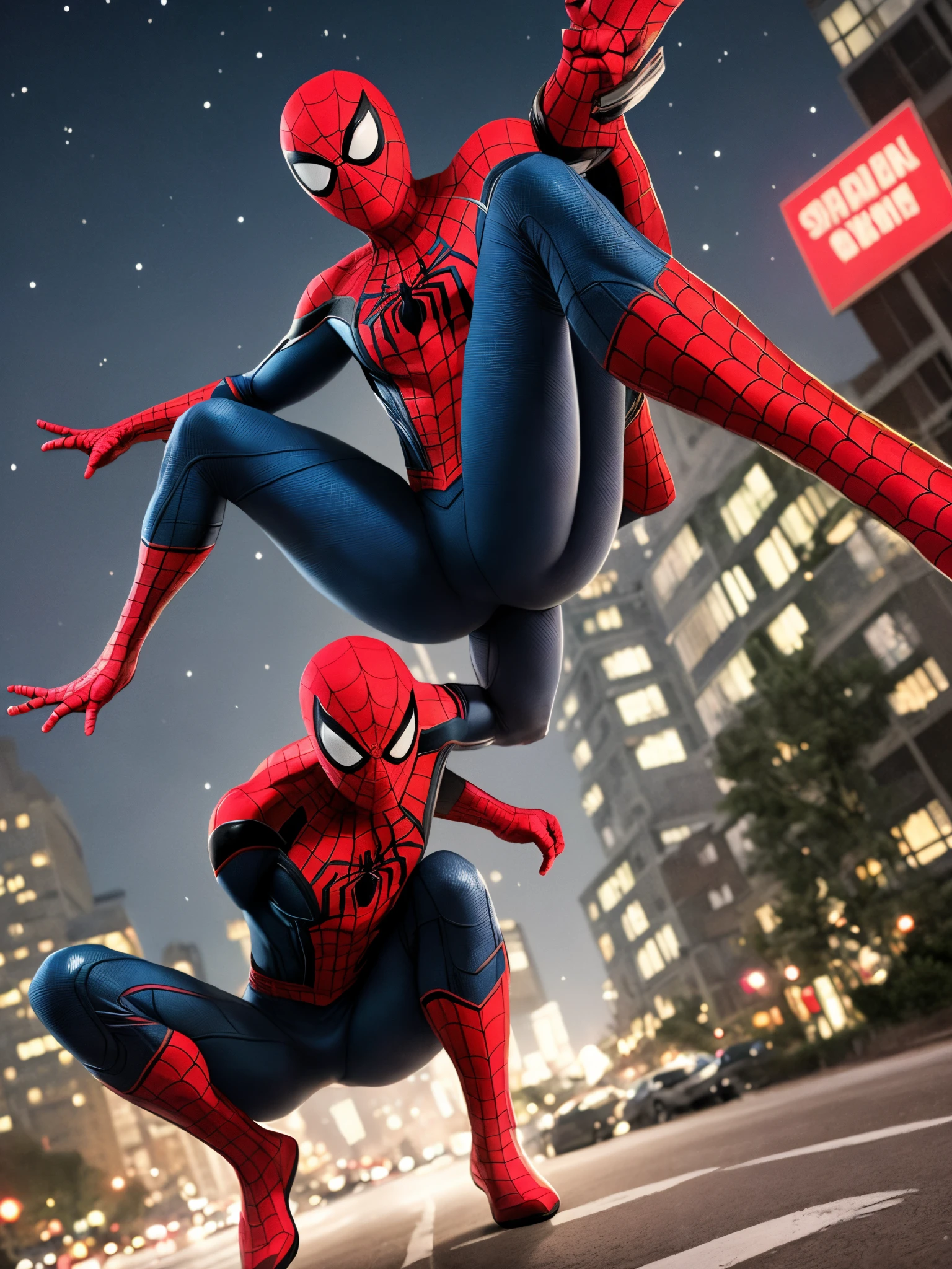 Spider-Man posing against the night view