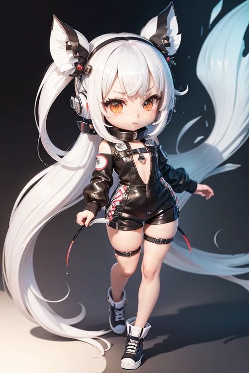 character naughty , ((chibi)) artist , stand front, half twin tail ,white hair, jumpsuit ,cool ,(character design) ,((fish character vtuber))