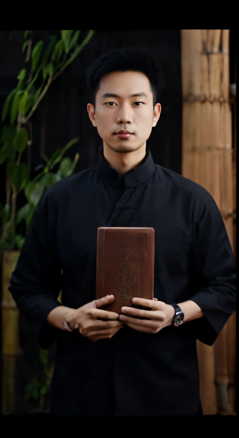 Araf man in black shirt holding a book in front of bamboo fence, Inspired by Gong Kai, Inspired by Liao Jichun, inspired by Ma Quan, Inspired by Gong Xian, Inspired by Li Gonglin, chinese artist, Inspired by Shen Quan, Inspired by Fan Qi, Inspired by Cana Exploration