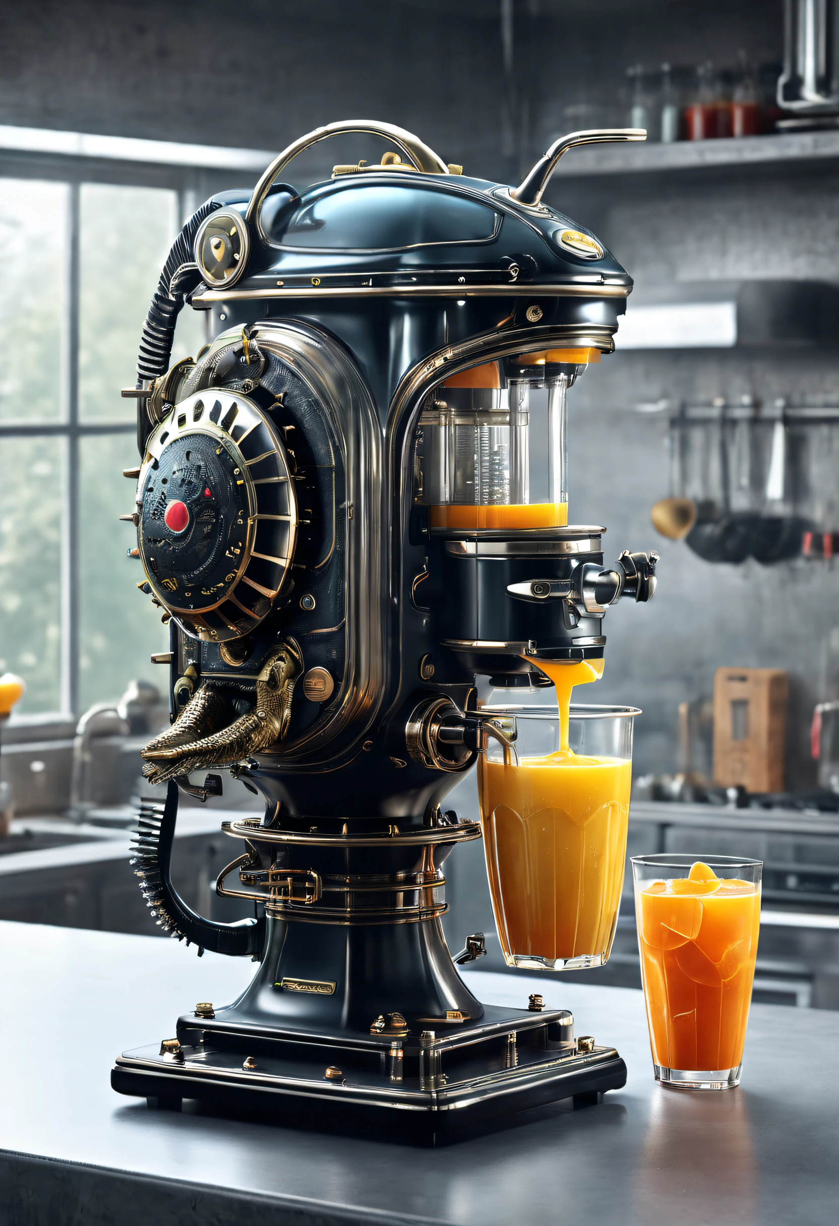 （Crocodile monster shape blender），（electric juicer），goth style，punk，Creative product design，Very unified CG，Complicated details， 
Background with：juice cup，kitchen wasteland, sci fi art, Space style，Excellent，hyper realisitc，Thriller，dennis ruston style，