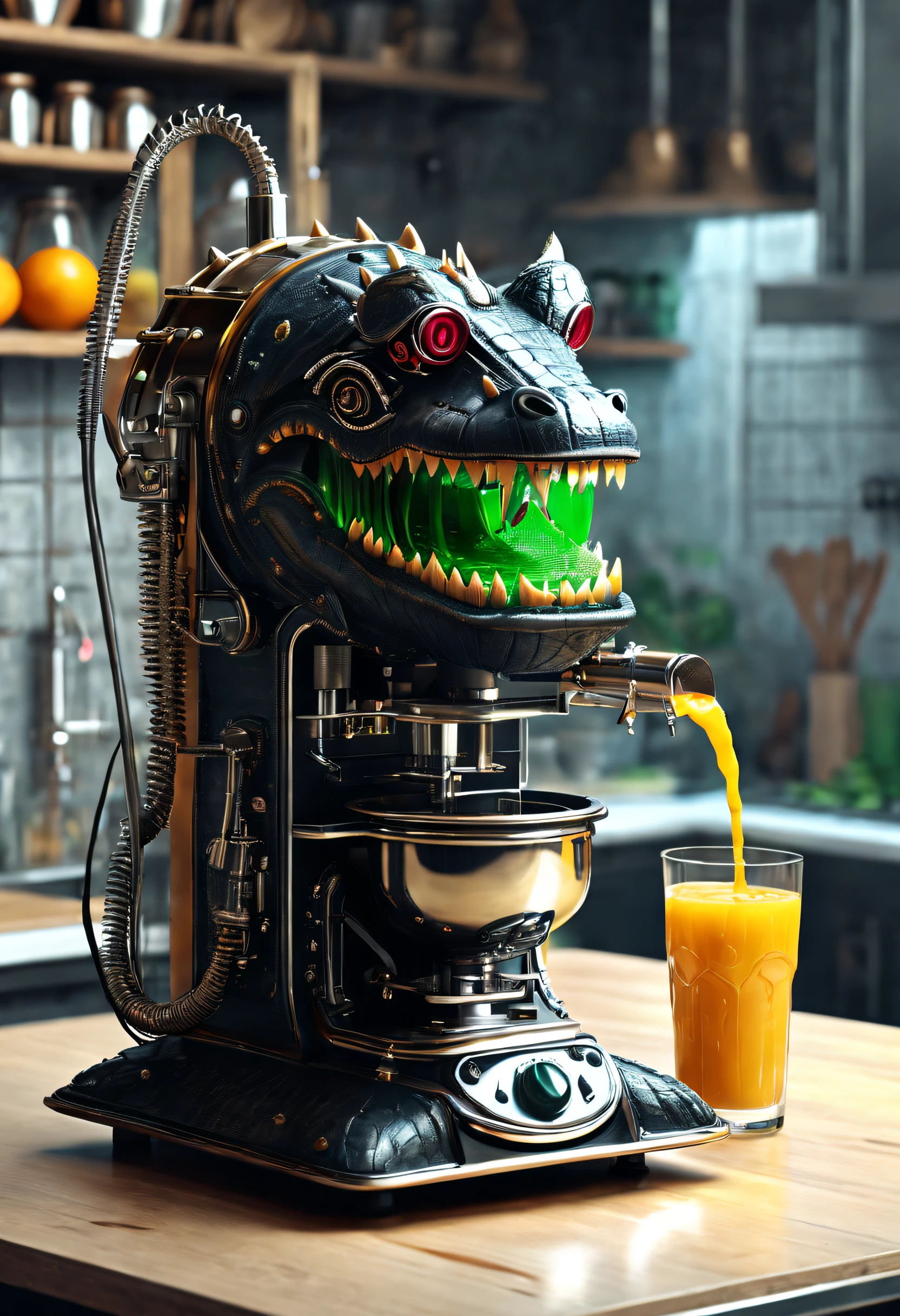 （Crocodile monster shape blender），（electric juicer），goth style，punk，Creative product design，Very unified CG，Complicated details， 
Background with：juice cup，kitchen wasteland, sci fi art, Space style，Excellent，hyper realisitc，Thriller，dennis ruston style，