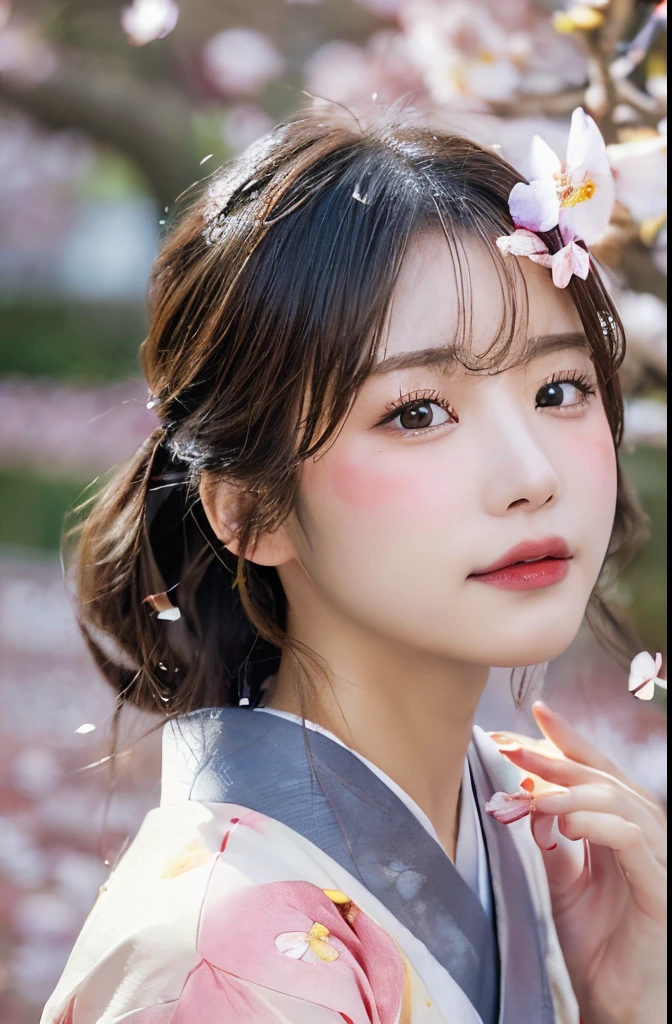 (kimono)、、(Cherry petals blur and fall.:1.5)、(hairsh, swaying in the wind:1.3)、(topquality,tmasterpiece:1.3,超High Resolution,),(ultra-detailliert,caustics),(photorealestic:1.4,Shooting in RAW format,)Ultra-realistic capture,A highly detailed,High Resolution16K for Human Skin、 The texture of the skin is natural、、Skin looks healthy with an even tone、 Use natural light and color,a one woman,Japanese,,Kawaii,dark-haired,Medium Hair,(Depth of field、chromatic aberration、、Wide range of lighting options、natural shading、)、(Petals reflect light:1.3)