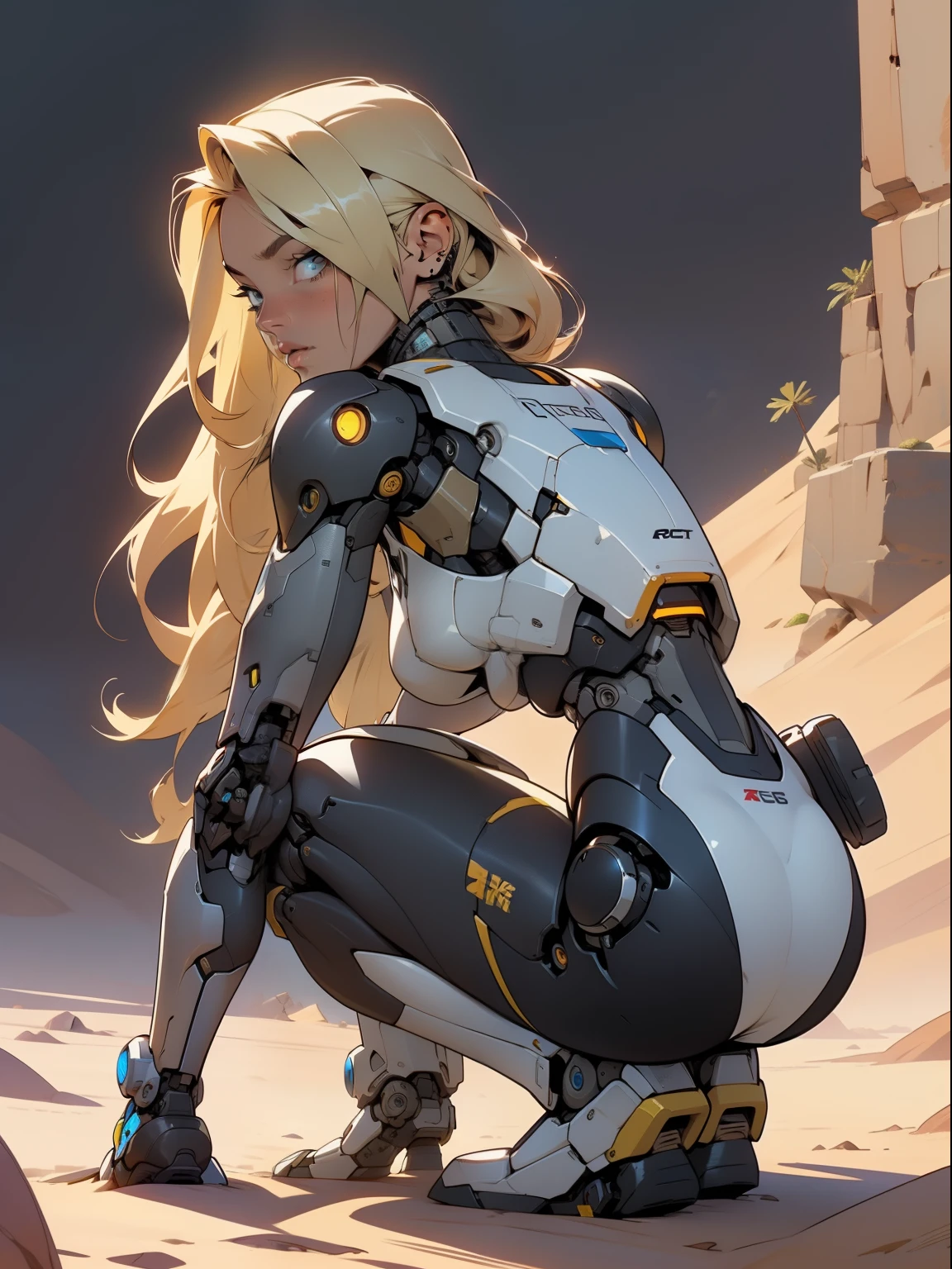 high quality, 4k, masterpiece, beautiful, cyborg girl, squatting down, dull eyes, back side, rear view, turning around to look at viewer, long blonde hair, girl, small breasts, fit thigh, robotic arms, robotic body, cyborg body, yellow accent, redaccent, intricate detail, joint, detailed lines, robotic detail, holding a fist up,  color robotic parts, robotic parts with color, perfect fingers, on a desert planet, sunny background, colorful desert,