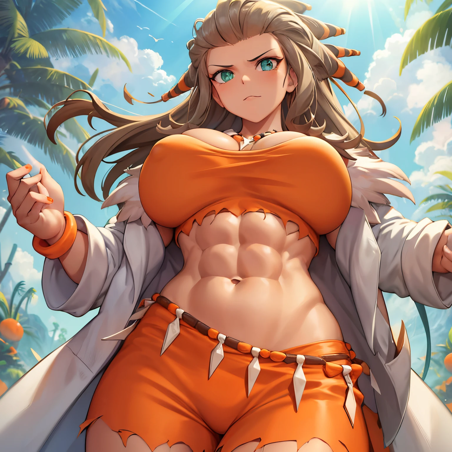 Masterpiece, upper body shot, pkmnSada, tan, hair ornaments, necklace, orange croptop, cleavage, orange shorts, bracelet, orange nails, white labcoat, torn labcoat ends, fur trim, long sleeves, abs, muscular, standing, jungle, from below,