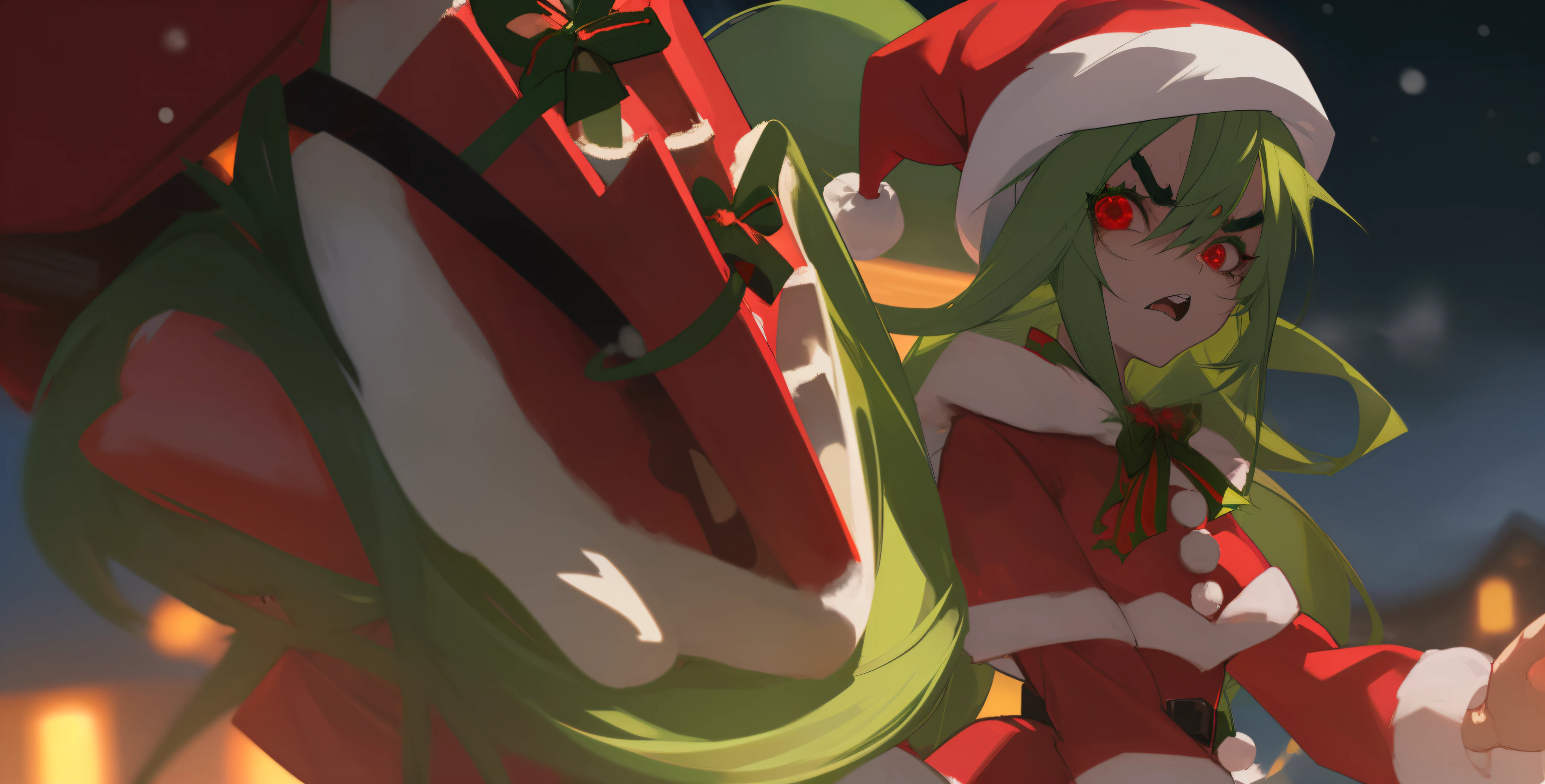 anime girl, christmas, angry, bitchy, green hair, evil, wicked, santa outfit, strong eyebrows, red eyes, stealing christmas, snow, santa hat