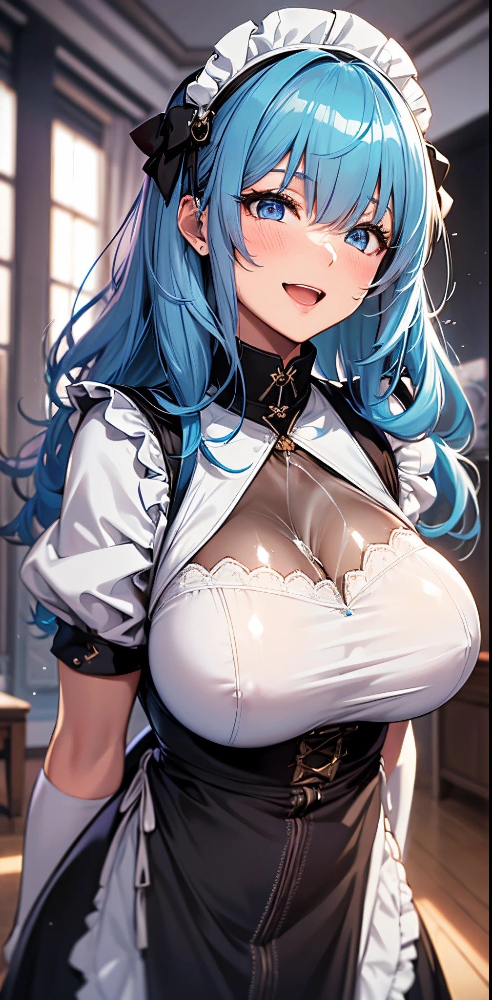 top-quality、supreme1People Girls,hightquality,, ((masuter piece)), ((High resolution)), ((Best Quality)), detail, (cum faced、Excited face.Very happy,), ((Glossy skin)), Young Woman:1.4、(Black Maid Outfit:1.3)、 girl with, lightblue hair, (Straight、Bangs Patsun)、、fair white skin:1.3、、Colossal tits, cinmatic lighting, perfectly shaded,(((a room))), Realistic lighting with shades,