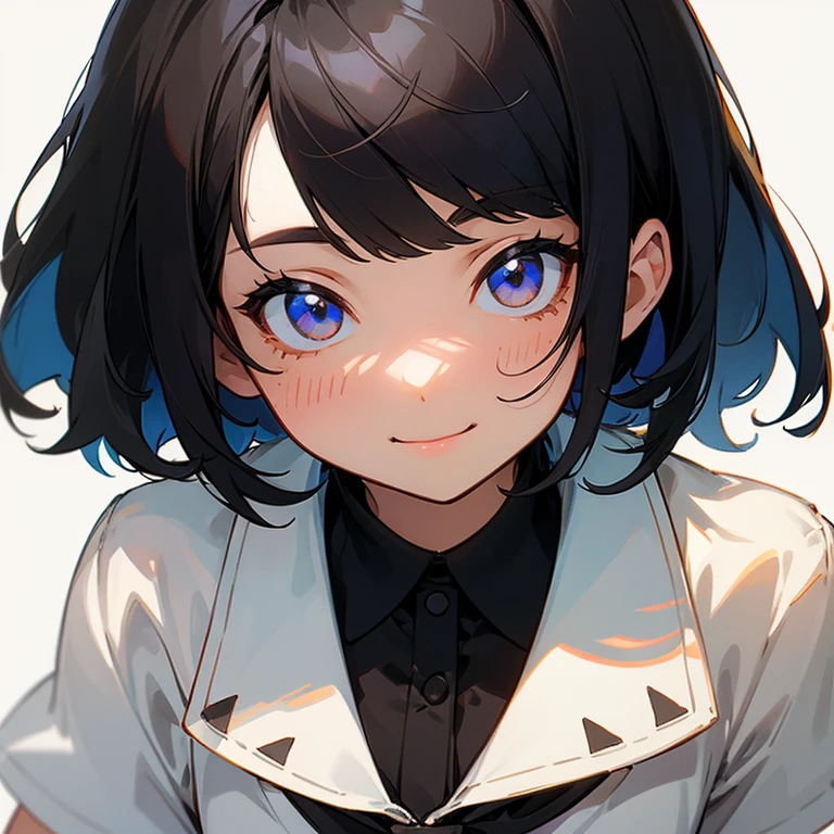 masterpiece, best quality, ultra-detailed, illustration, cute, Girl, Solo, face focus, Black hair, short hair, blouse, smile, White background