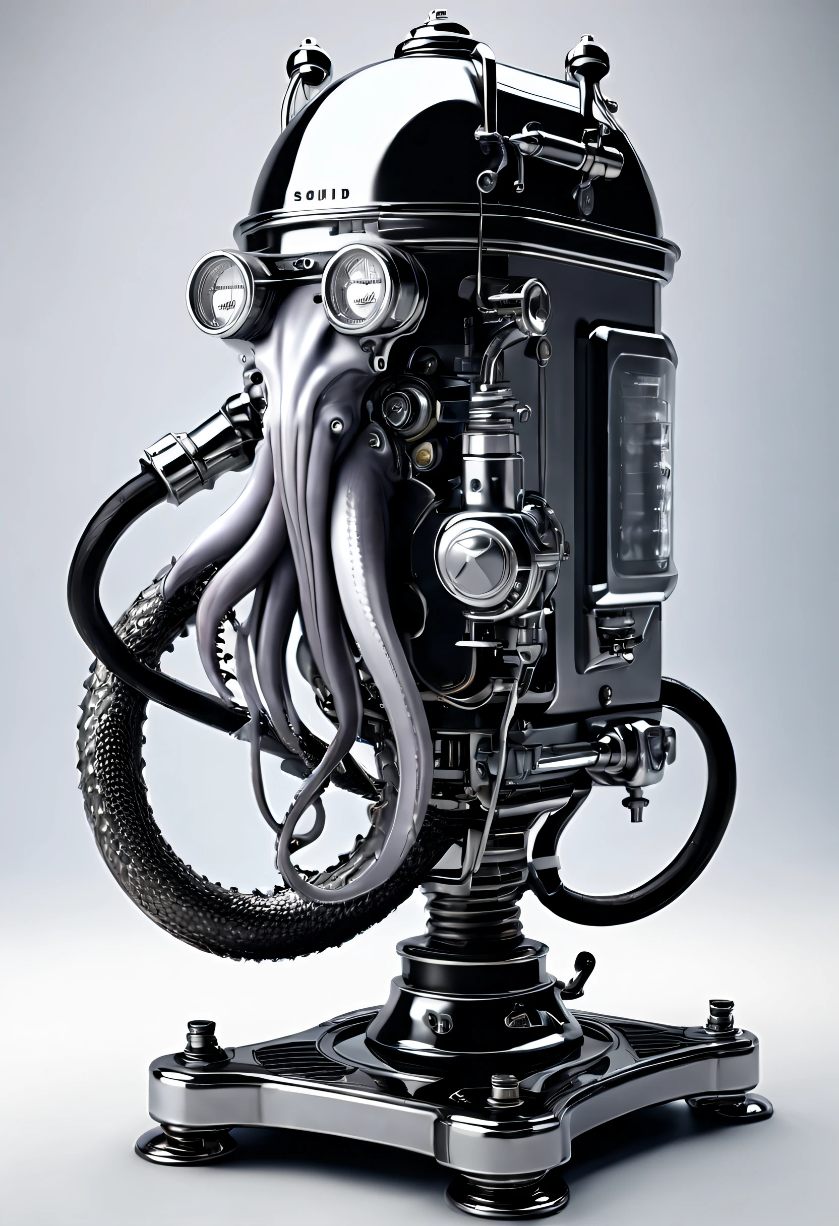 （Squid-shaped blender），（electric juicer）（crocodile monster），goth style，punk，Creative product design，Very unified CG，Complicated details， 
Background with：juice cup，kitchen wasteland, sci fi art, Space style，Excellent，hyper realisitc，Thriller，dennis ruston style，