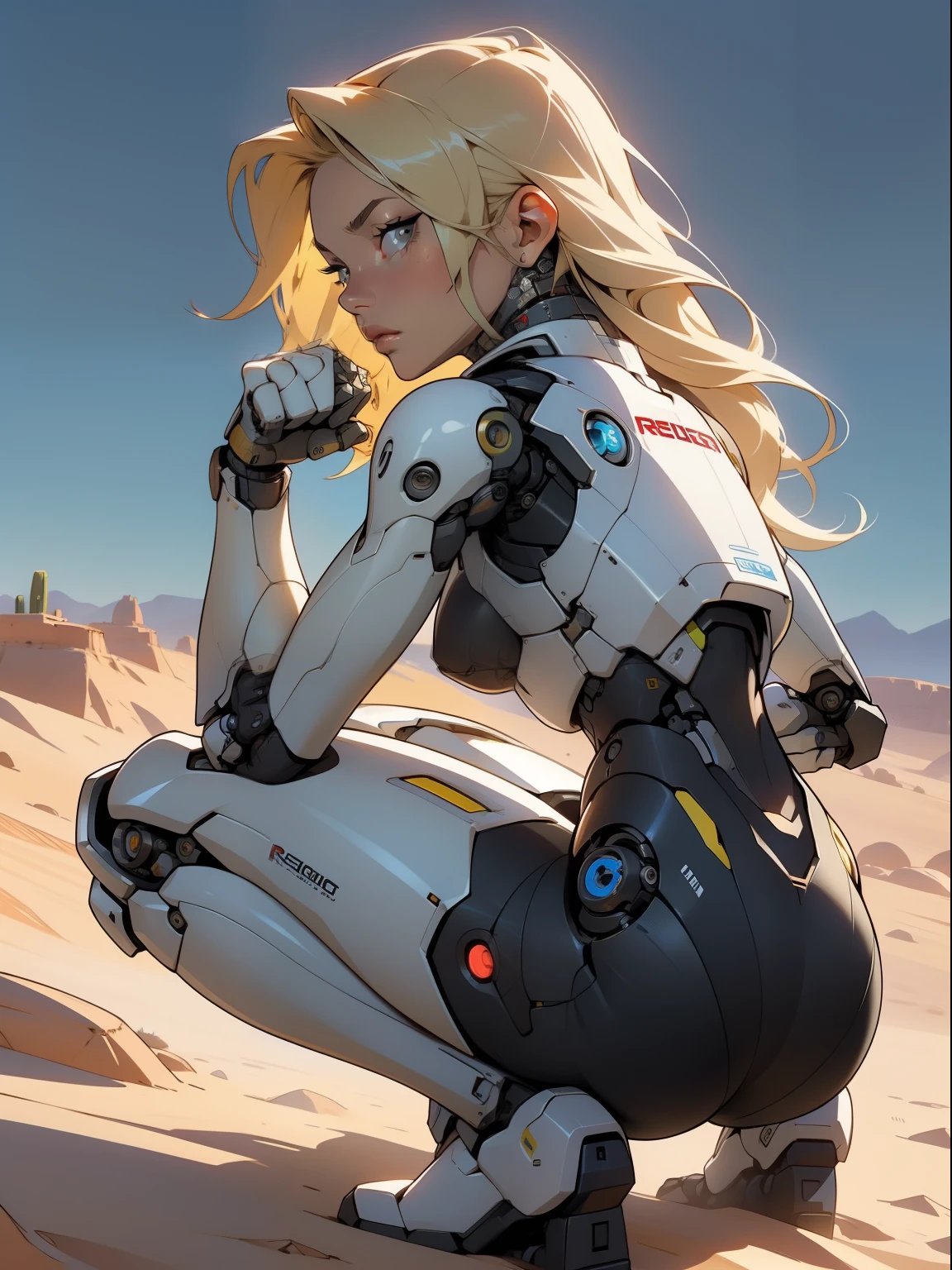 high quality, 4k, masterpiece, beautiful, cyborg girl, squatting down, dull eyes, back side, rear view, turning around to look at viewer, long blonde hair, girl, small breasts, fit thigh, robotic arms, robotic body, cyborg body, yellow accent, redaccent, intricate detail, joint, detailed lines, robotic detail, holding a fist up, color robotic parts, robotic parts with color, perfect fingers, on a desert planet, sunny background, colorful desert,