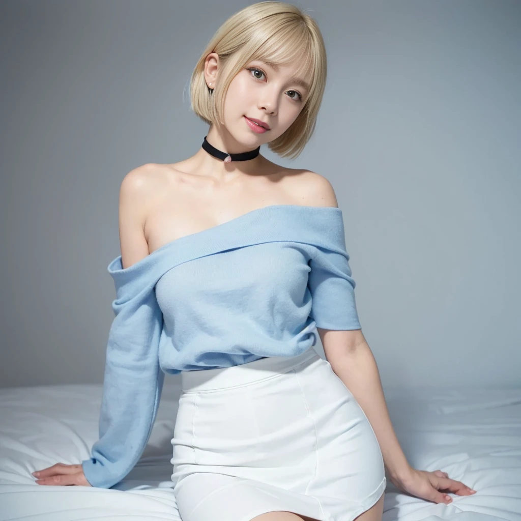 top-quality, 超A high resolution, (Photorealsitic:1.4), 1 beautiful girl,(((smile、Looking at the camera)))、 ((Off-the-shoulder light blue shirt)), (White tight skirt), Black Choker、(japanese beauty girl)、(Lustrous blonde hair), ((a short bob)), ((A slender)), (cleavage of the breast), a closeup, (ssmile), model shot,