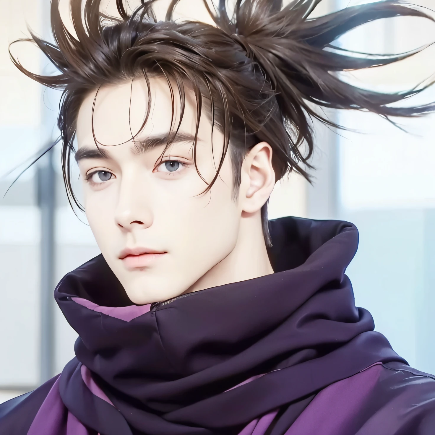 A realistic brown haired man, (same realistic hair style), realistic handsome face, realistic cool expression, adapt the same realistic clothes,realistic light, realistic shadows, realistic background, good image quality, very good image results, 4k, ultra detail, realistic