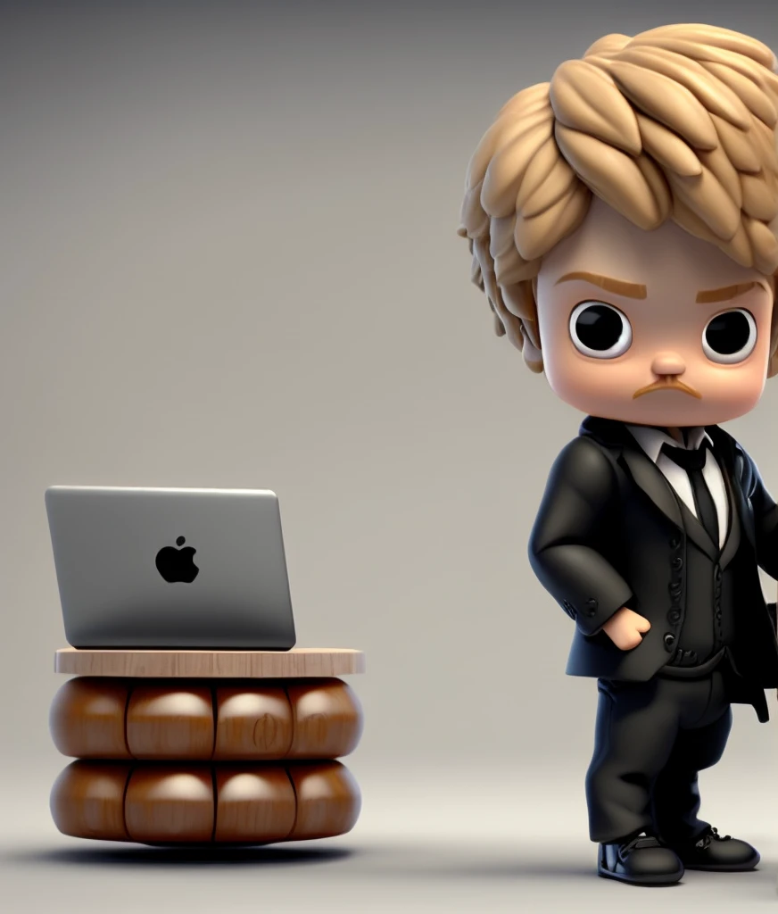 3dcharacter Funko style, 24 year old white man with a defined jaw and stubbled beard with a medium haircut, black business suit, , (full body:1.2),, masterpiece,best quality,(blurred space background:1.1)(dark blonde hair)( stubble beard:0.8)(facing front:1.5)(holding a laptop)(standing on a round wooden part of the ground:1.5)