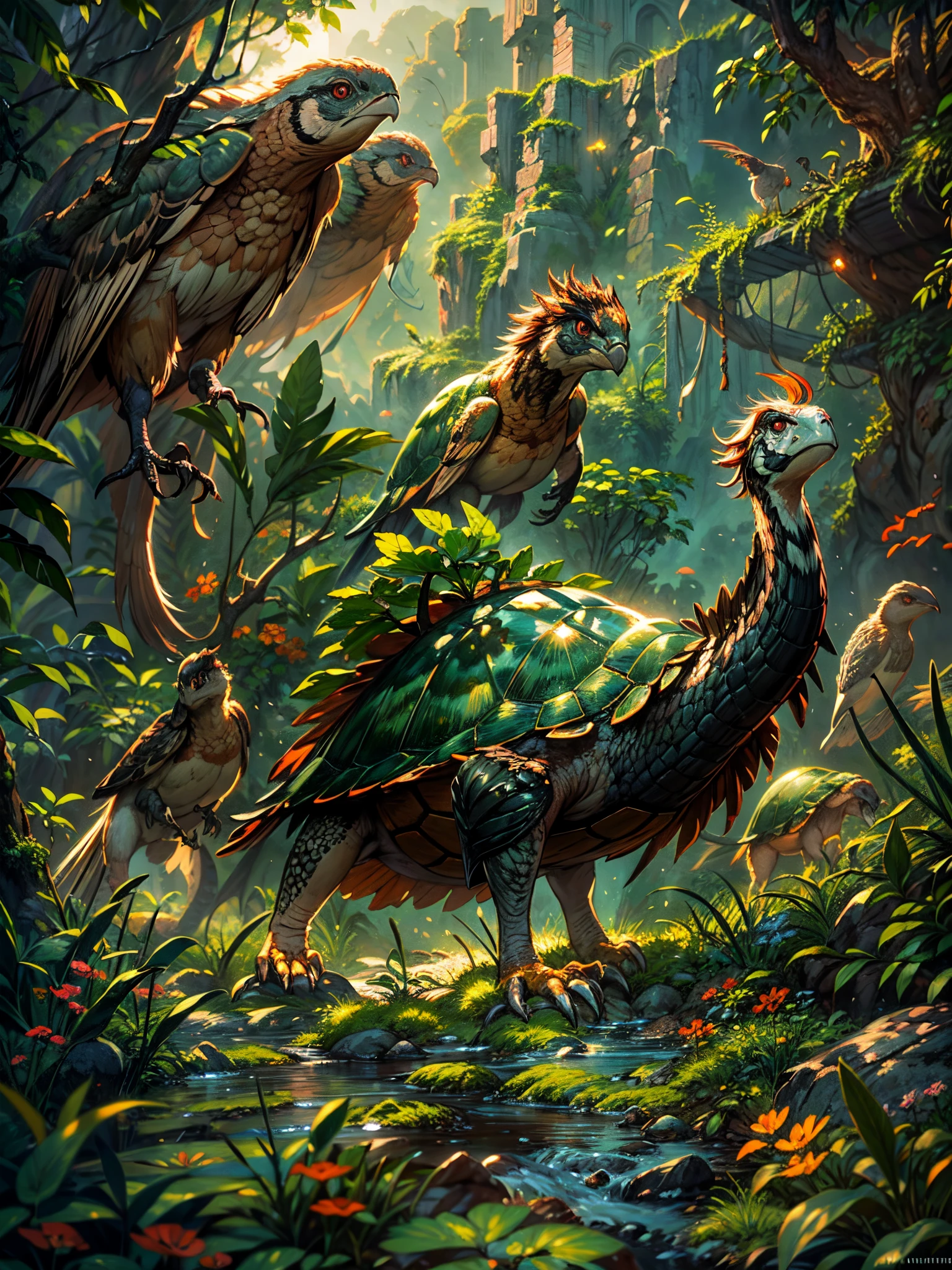 (best quality,highres,masterpiece:1.2),detailed turkey,playful turtle,tropical jungle of stone spikes,richly textured feathers,curious expressions,wild,complex ecosystem,lush green foliage,ancient stone formations,harsh,unforgiving environment,mysterious atmosphere,lively,active subjects,harmonious interaction,clashing textures,contrast between soft and hard,ethereal lighting,epic landscape,mesmerizing colors,dramatic composition,artistic portrayal.